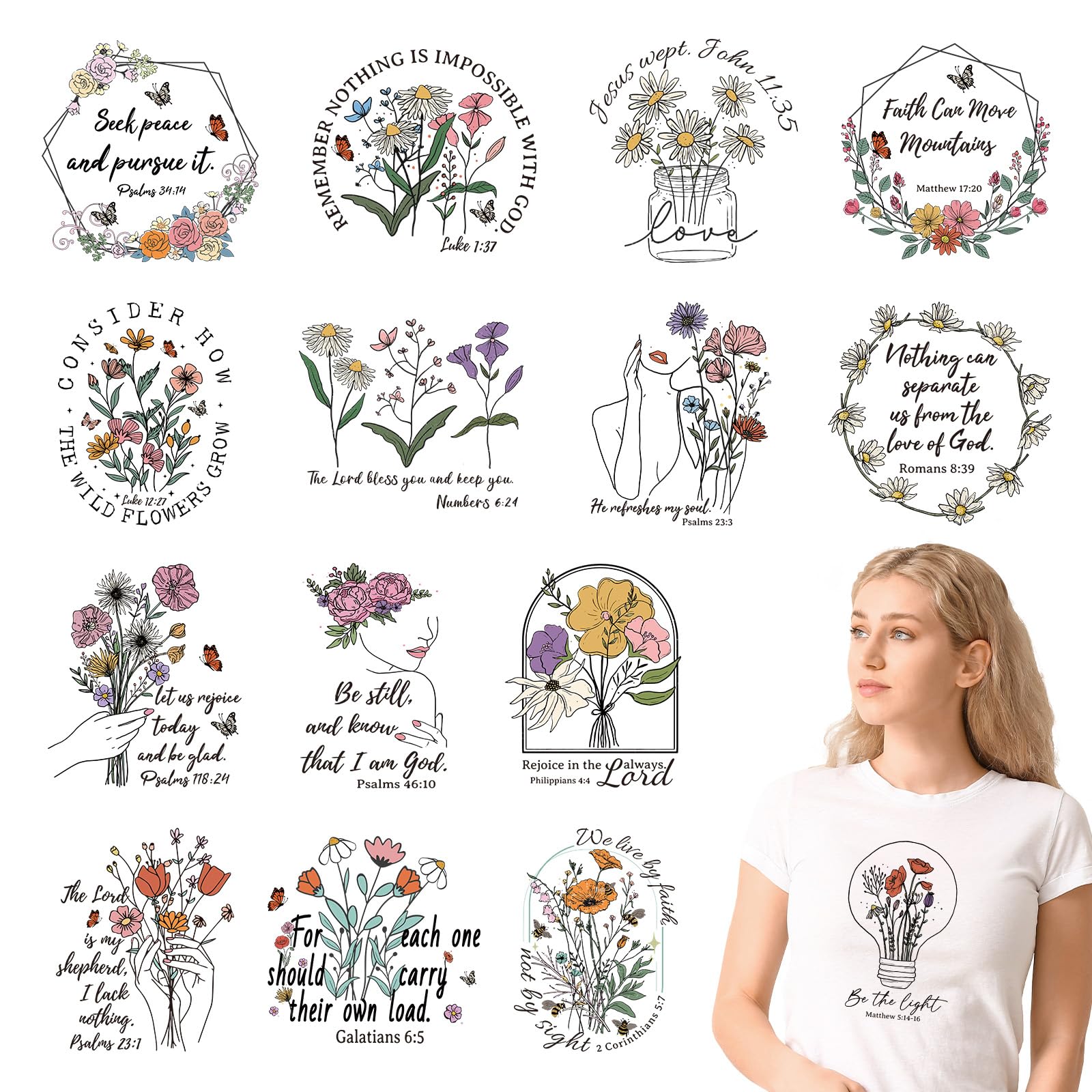 Falueqg Dtf Transfers Ready to Press - 15Pcs Bible Flowers Iron on Transfers for Tshirts, Motivational Bible Verse Heat Transfer Iron on Decals