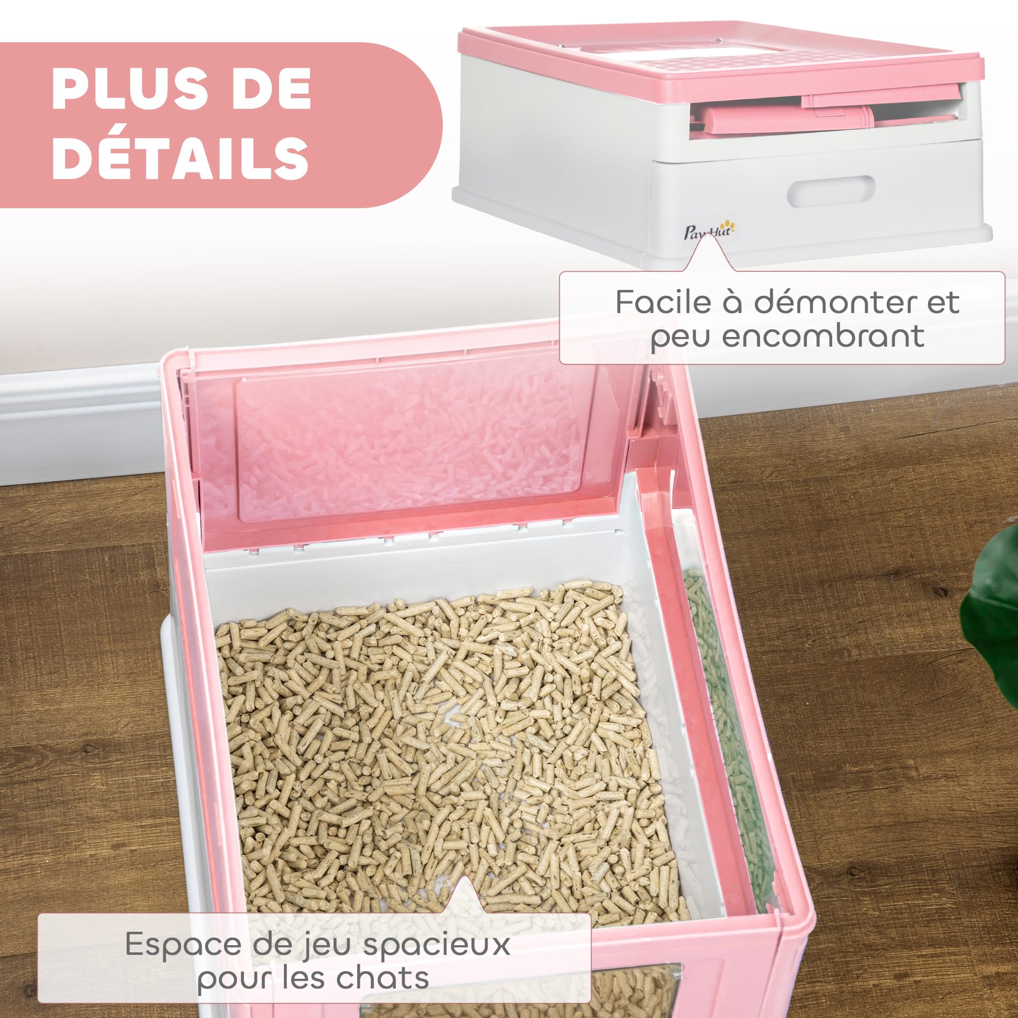 PawHut Bac à litière pour Chat Maison de Toilette fermé Pliable Double Porte battante et supérieure + Pelle + tiroir Amovible Anti-éclaboussures Nettoyage Facile - 47,5x35,5x36,7cm Rose Blanc