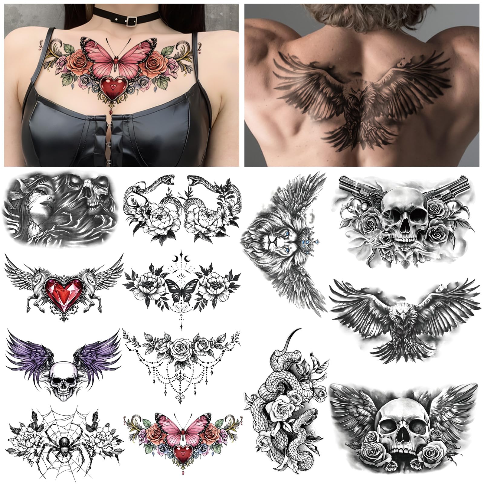 Yazhiji 13 Sheet Large Chest Underboob Temporary Tattoos for Adult, 8 Sheets Sexy Rose Flower Belly Tattoos Tramp Stamp for Women, 5 Sheets Body Scar