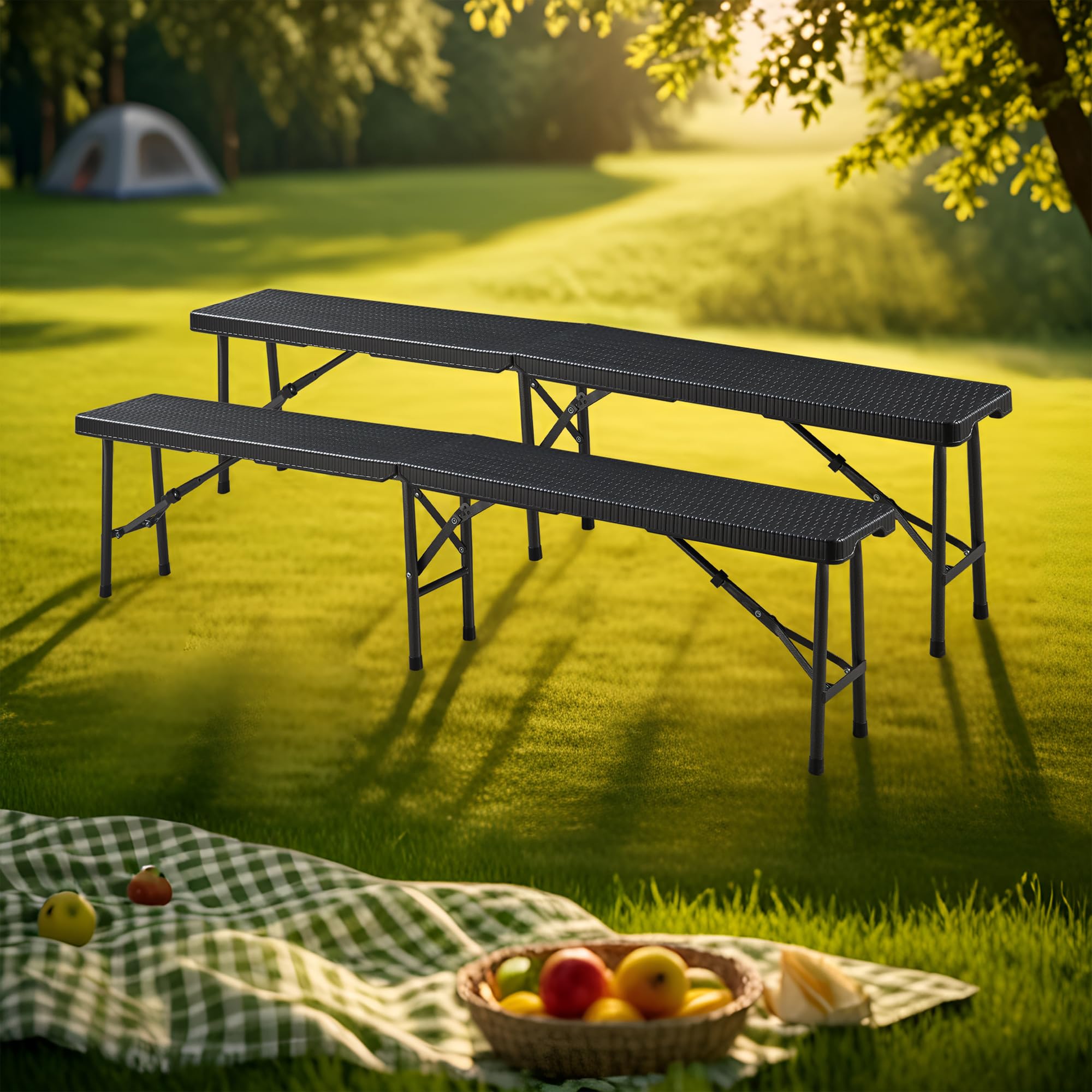 [en.casa] Lot de 2 Bancs de Camping Pliable pour Extérieur Festival Pique-Nique Fête Jardin BBQ Banc Pliant pour 4 Personnes avec Poignée de Transport Métal Plastique 180 x 25 x 43 cm Effet Rotin Noir
