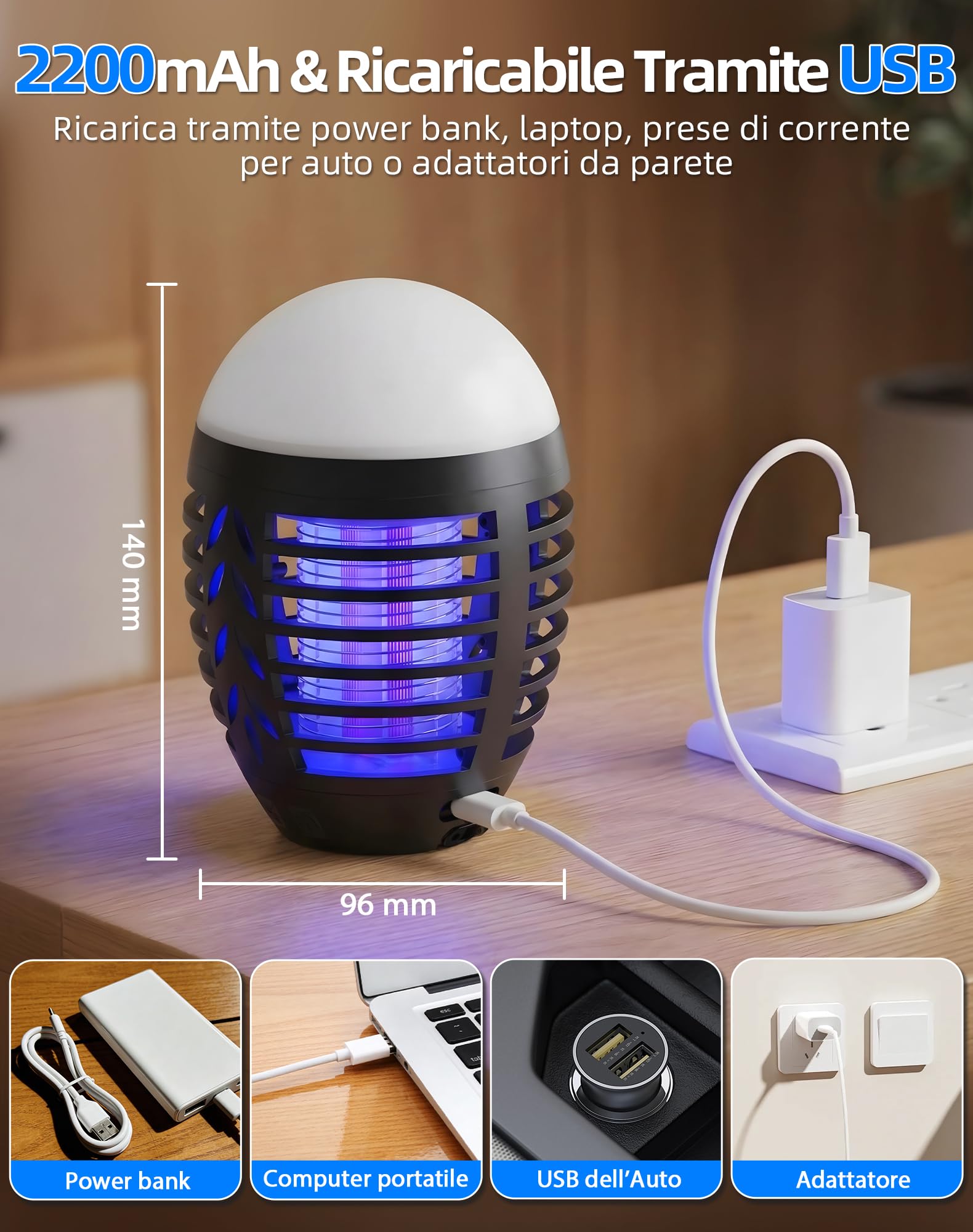 Lampada Antizanzare Esterno Campeggio, 2 in 1 Portatile Lampada Zanzare USB Ricaricabile con 3 Luminosità, Impermeabile Ipx6 Zanzariera Elettrica per Interno Giardino Campeggio Mosche Insetti
