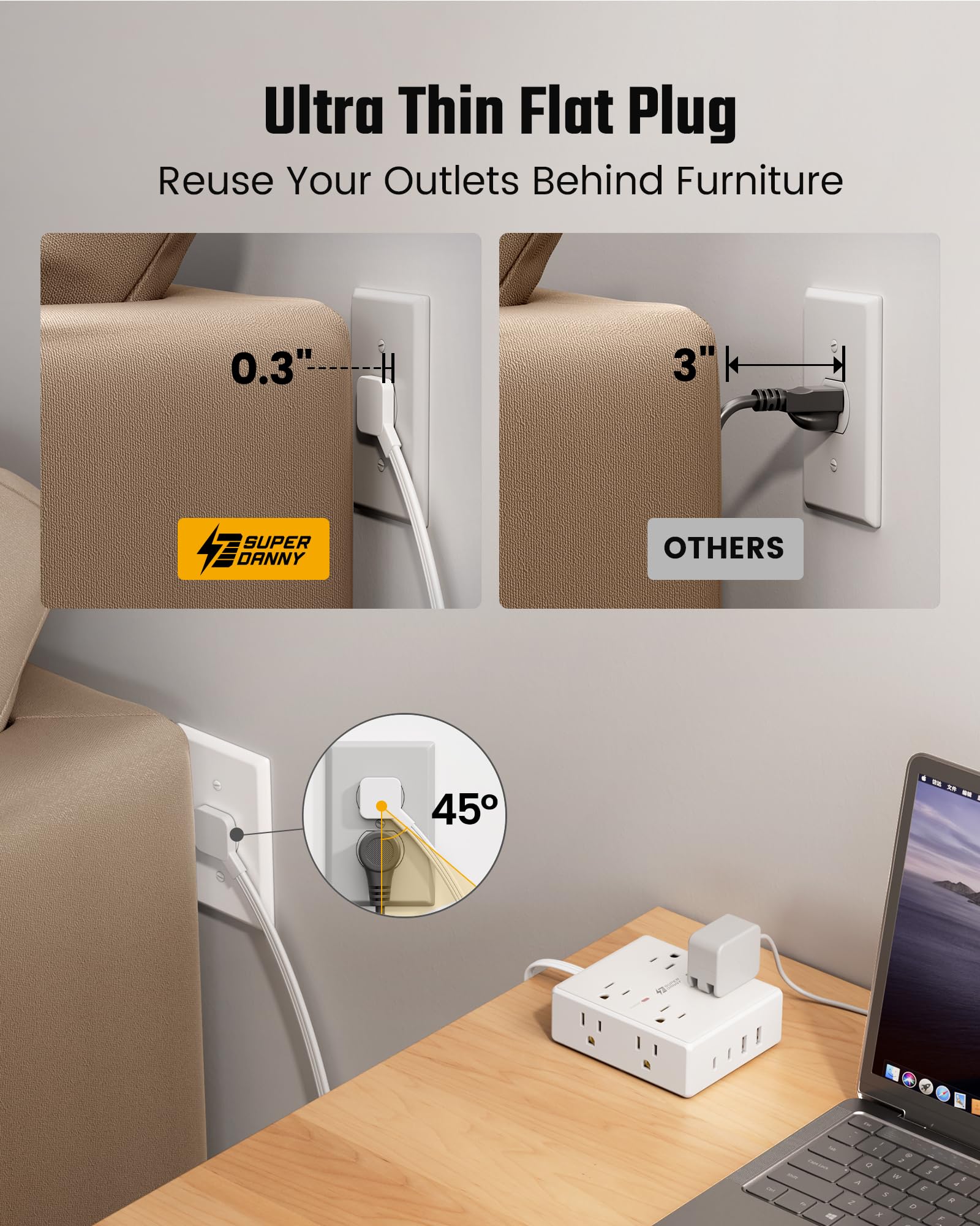 10Ft Extension Cord with Multiple Outlets, Flat Plug Surge Protector Power Strip 10 Ft Long Cord, 8 Outlets & 4 USB Ports (2 USB C), Desk Charging Station for Home Office, College Dorm Room Essentials