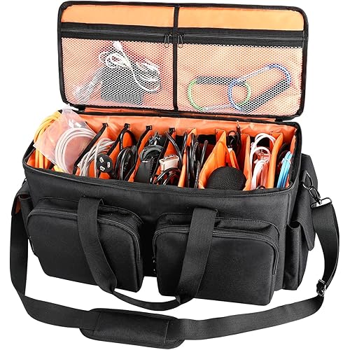 SAVIOUR DJ Cable File Bag, Detachable Padded Bottom and Adjustable Dividers, Stores Music, Audio, and Visual Cabling, Portable Travel Storage and Studio Organization (Orange)