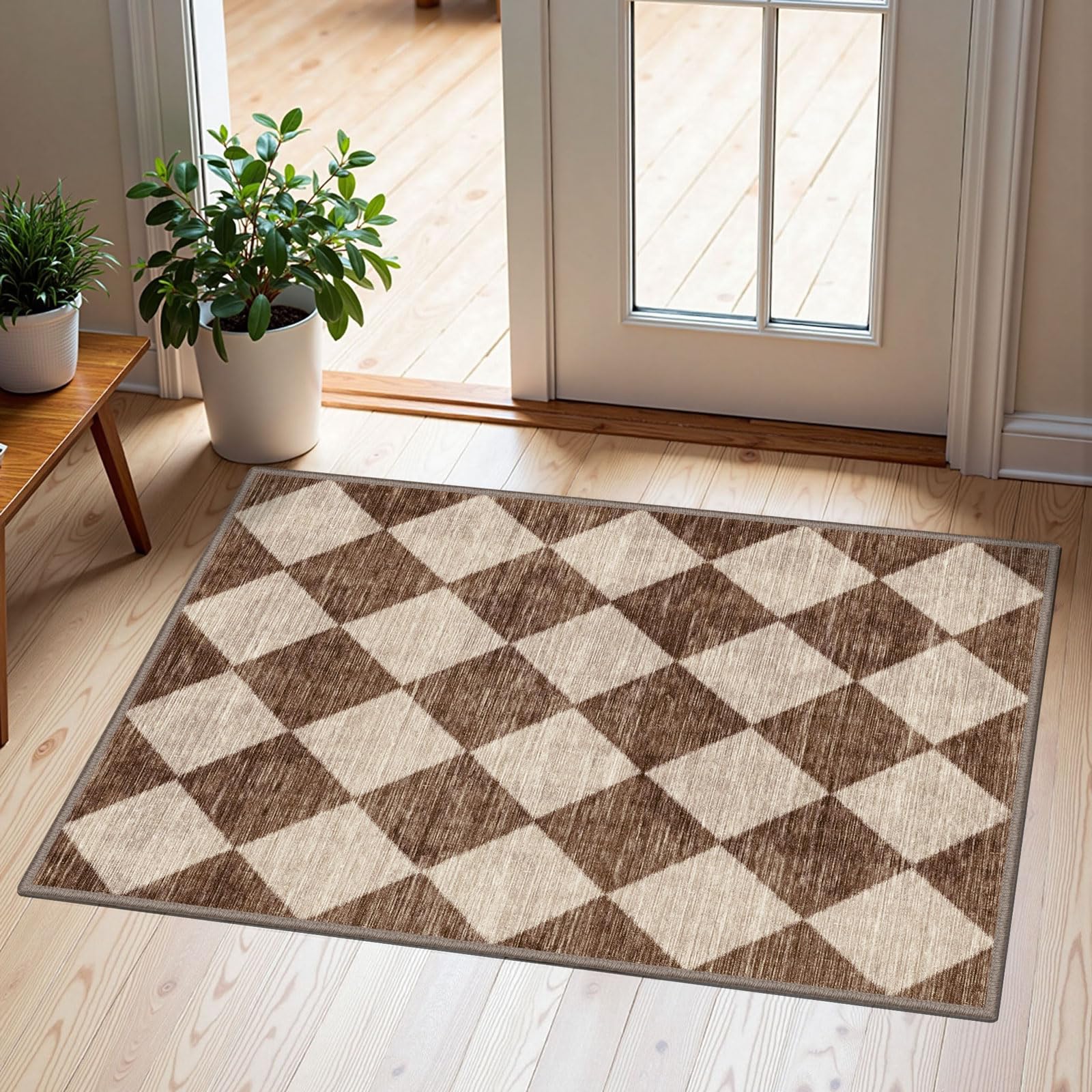 Othilic Front Door Rug - 2x3 Brown Beige Non-Slip Washable Doormat Indoor Outdoor Mat Outside Entrance Entry Rug Checkered Diamond Small Area Rugs for