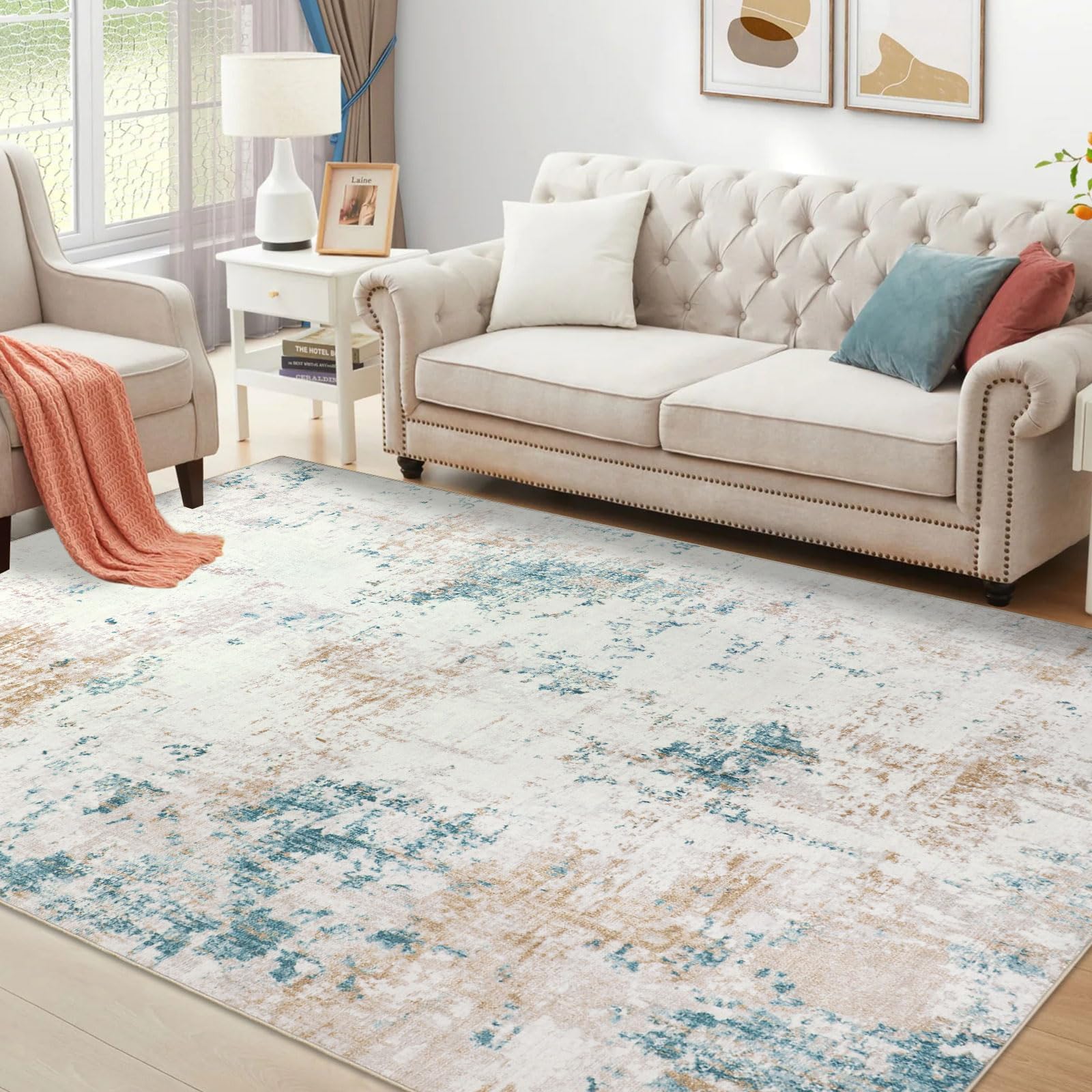 Homcomodar Tapis Salon Beige 160x230cm Facile à Nettoyer & Résistant aux Salissures - Tapis de Sol Doux Antidérapant pour Salon et Chambre