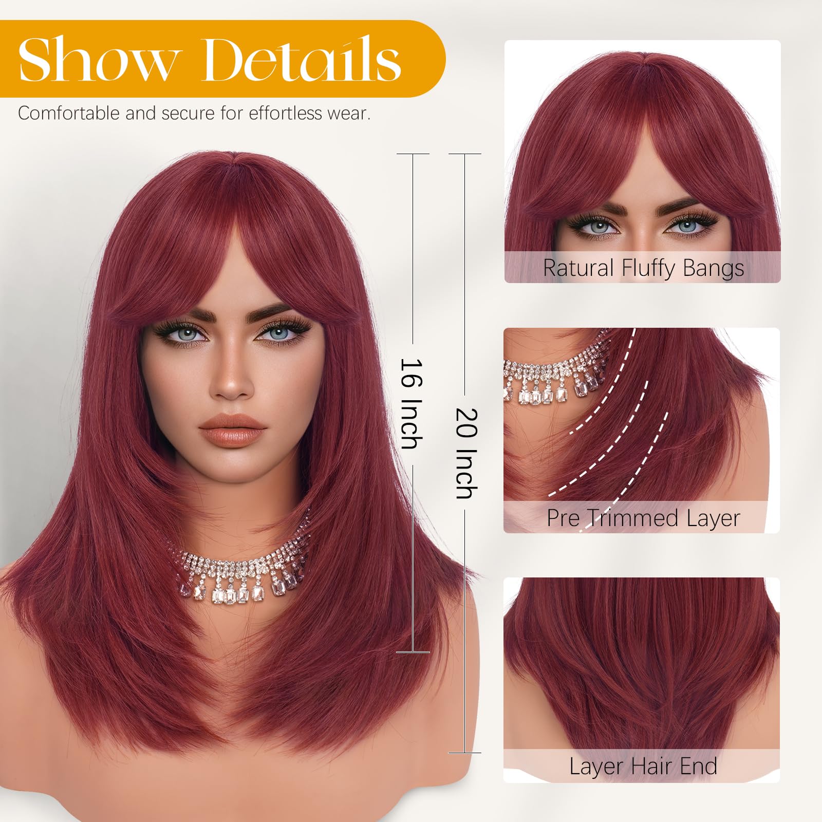 Sofeiyan Pelucas Mujer pelo Natural con Flequillo, 40 cm Burdeos Rojo Oscuro Sintético Resistente al Calor Peluca Largas Rectas,Cabello Layered para Fiestas Diarias y Cosplay