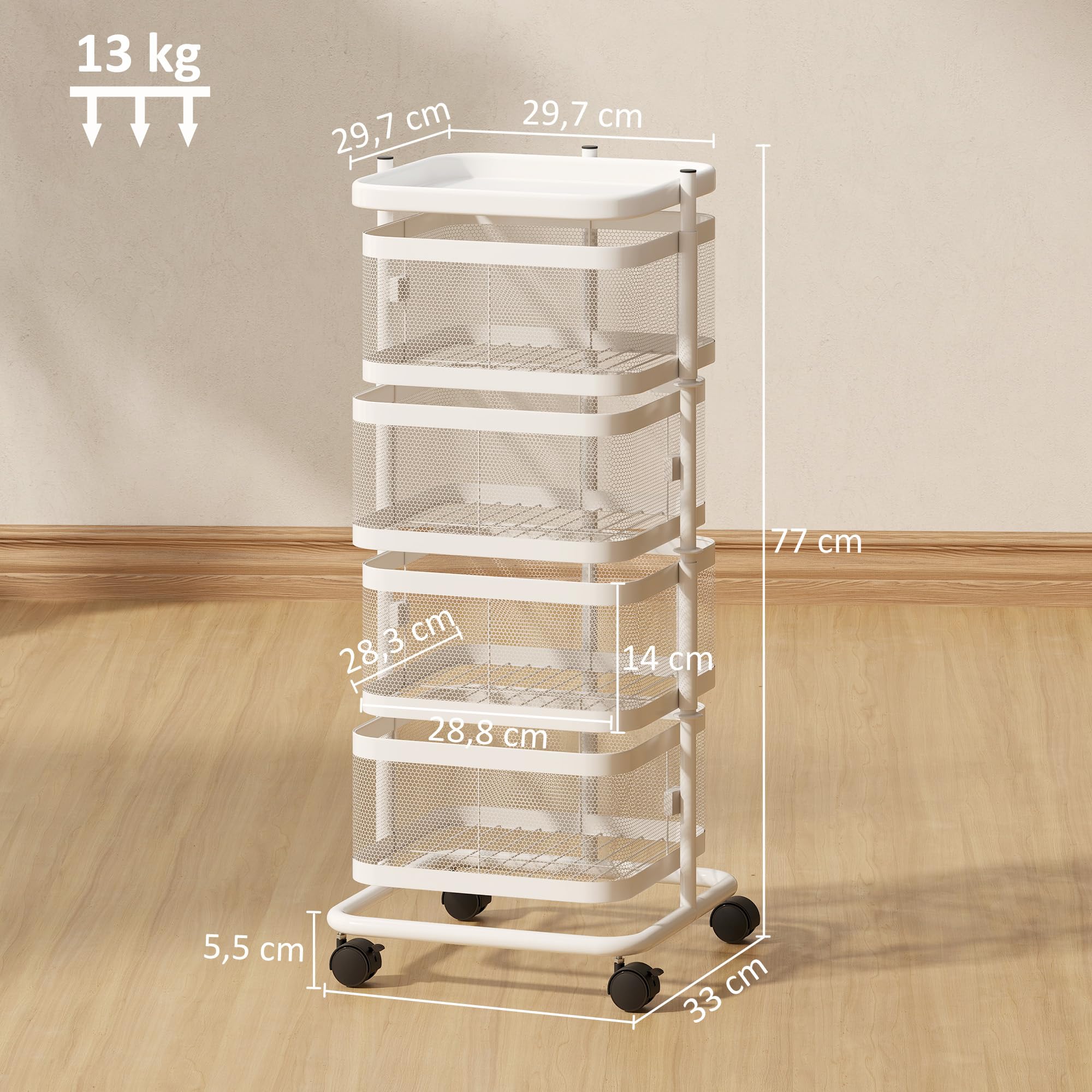 HOMCOM Resserre 4 paniers rotatifs sur Roues, Chariot de Rangement de Cuisine, Panier à légumes et Fruits avec Plateau supérieur, étagère en Fil d'acier, pour Cuisine, Salon et Chambre, Blanc