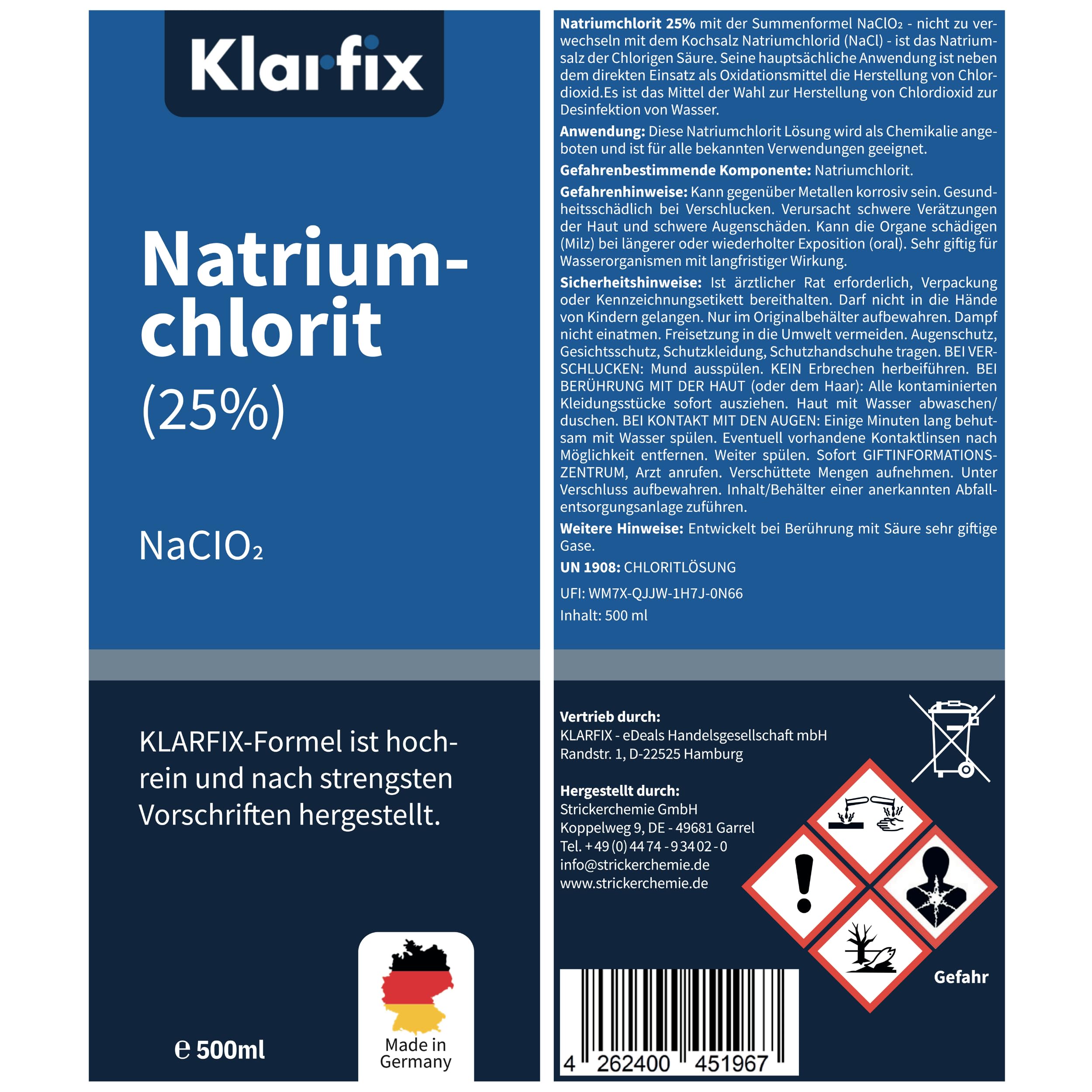 Natriumchlorit 25 % | Starkes Oxidationsmittel zur Herstellung von Chlordioxid | Für Wasseraufbereitung, Desinfektion & Bleichmittel | Technisches Konzentrat (2x 500ml)
