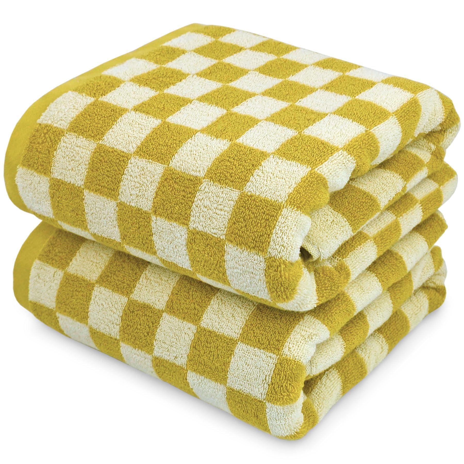 Jacquotha Luxury Bath Towels - Pack of 2 Cotton Fall Bathroom Towels Sets for Body Drying 55x27.5 Inches, Mustard Yellow Checkered