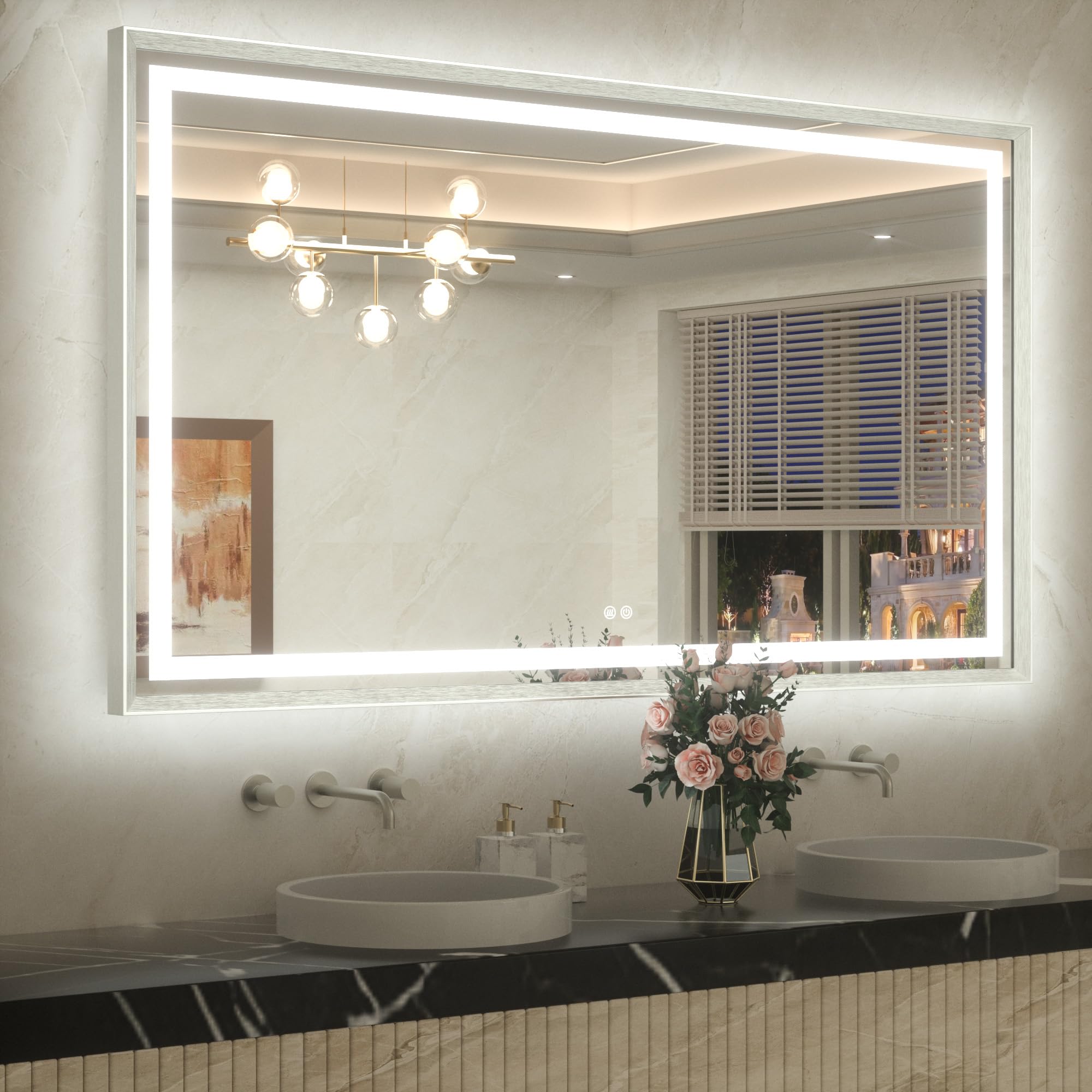 TETOTE 60 x 36 Large Bathroom Mirror Silver Metal Frame Frontlit &amp; Backlit Vanity Mirror 3 Colors White/Warm/Natural Stepless Dimmable Anti-Fog Bathroom Mirrors for Vanity