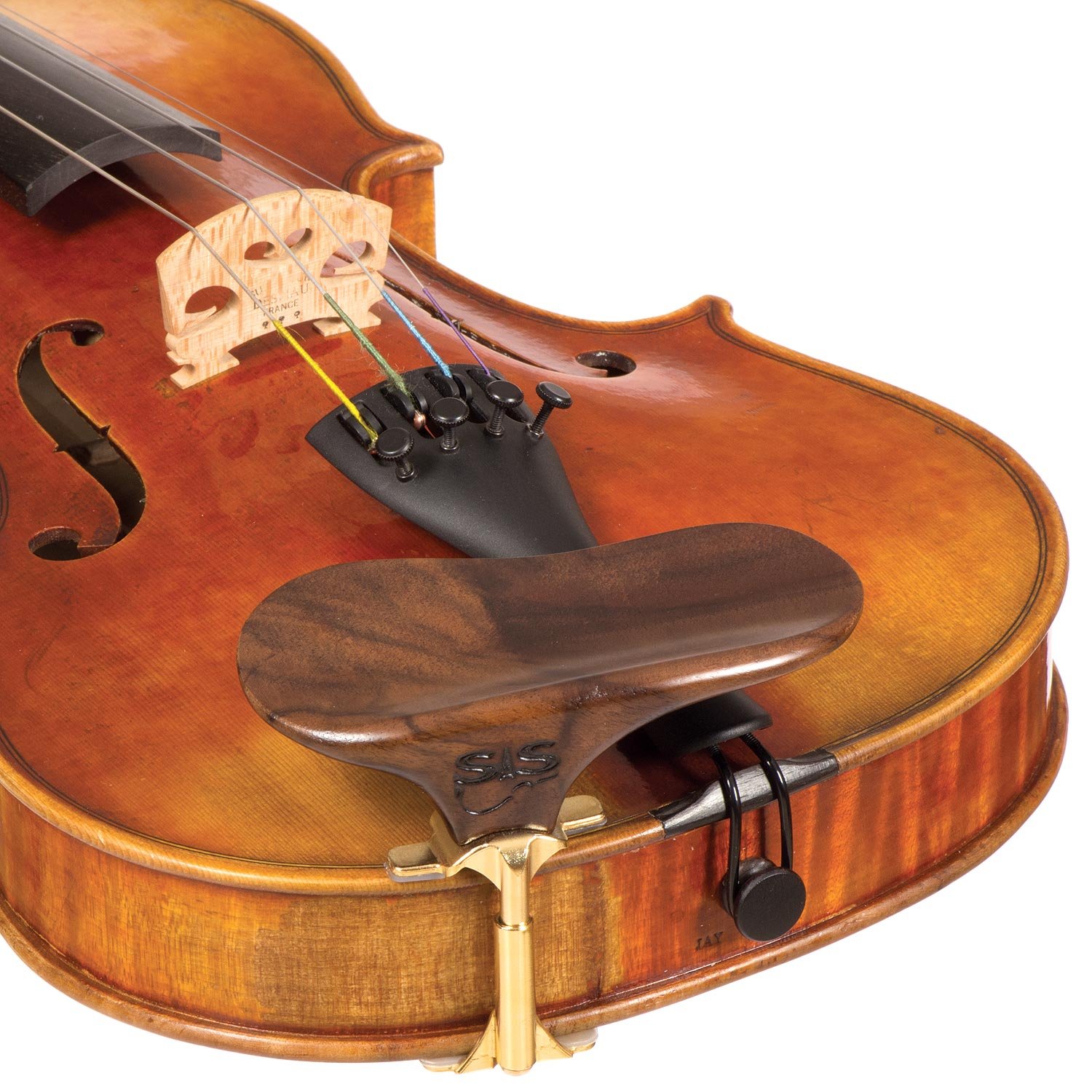 SAS Walnut Chinrest for 3/4-4/4 Violin or Viola with 32mm Plate Height and Goldplated Bracket