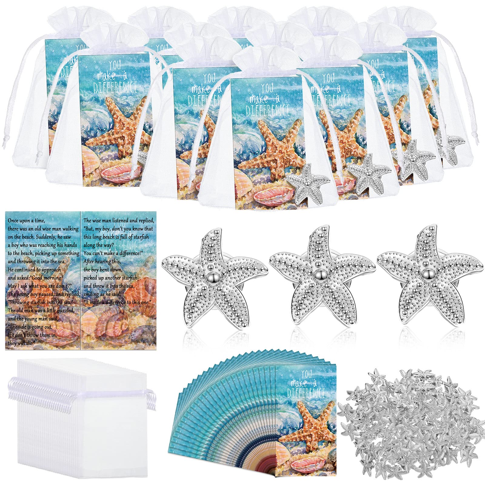 Unittype 50 Pack Starfish Story Gifts Starfish Lapel Pin on Appreciation Card Employee Appreciation Thank You Gift You Make a Difference Gift for Teacher CNA Nurse Coworker Team Staff Employee(Silver)