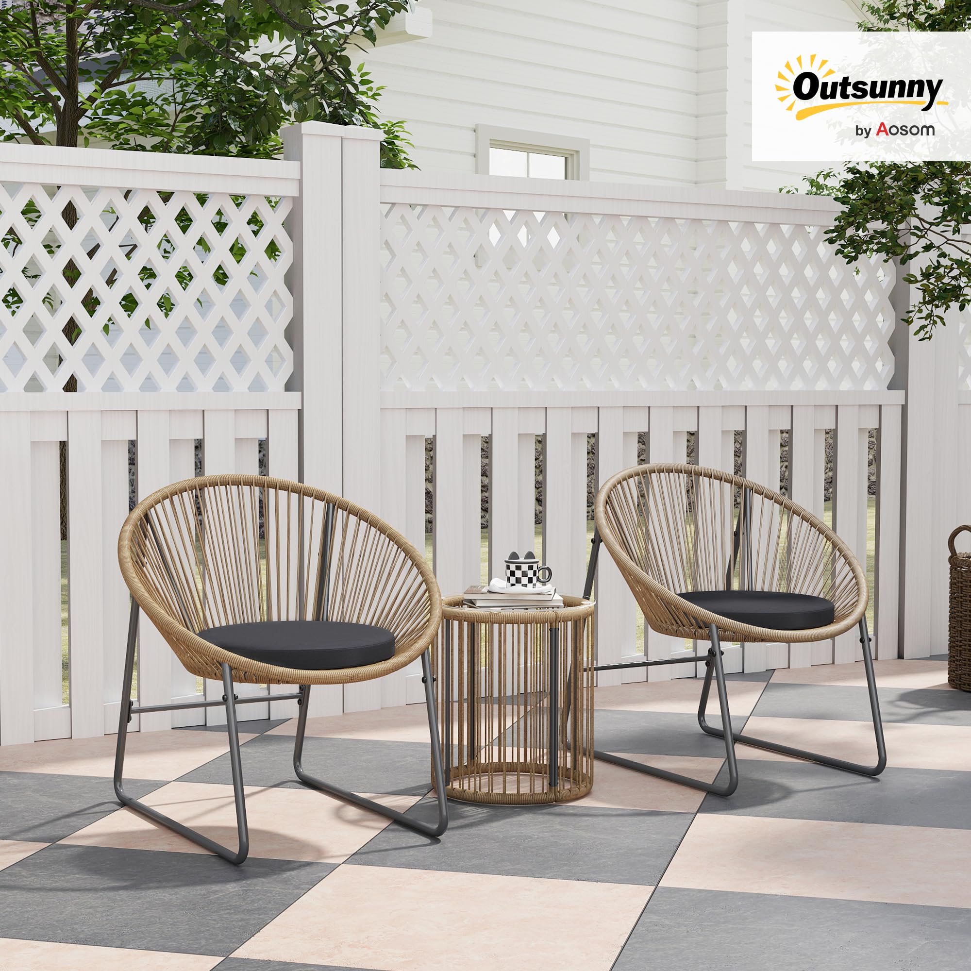 Outsunny Set da Giardino 3 Pezzi Rattan PE Acciaio, 2 Sedie Cuscini Lavabili Tavolino Caffè Vetro, Mobili Balcone Patio Cortile