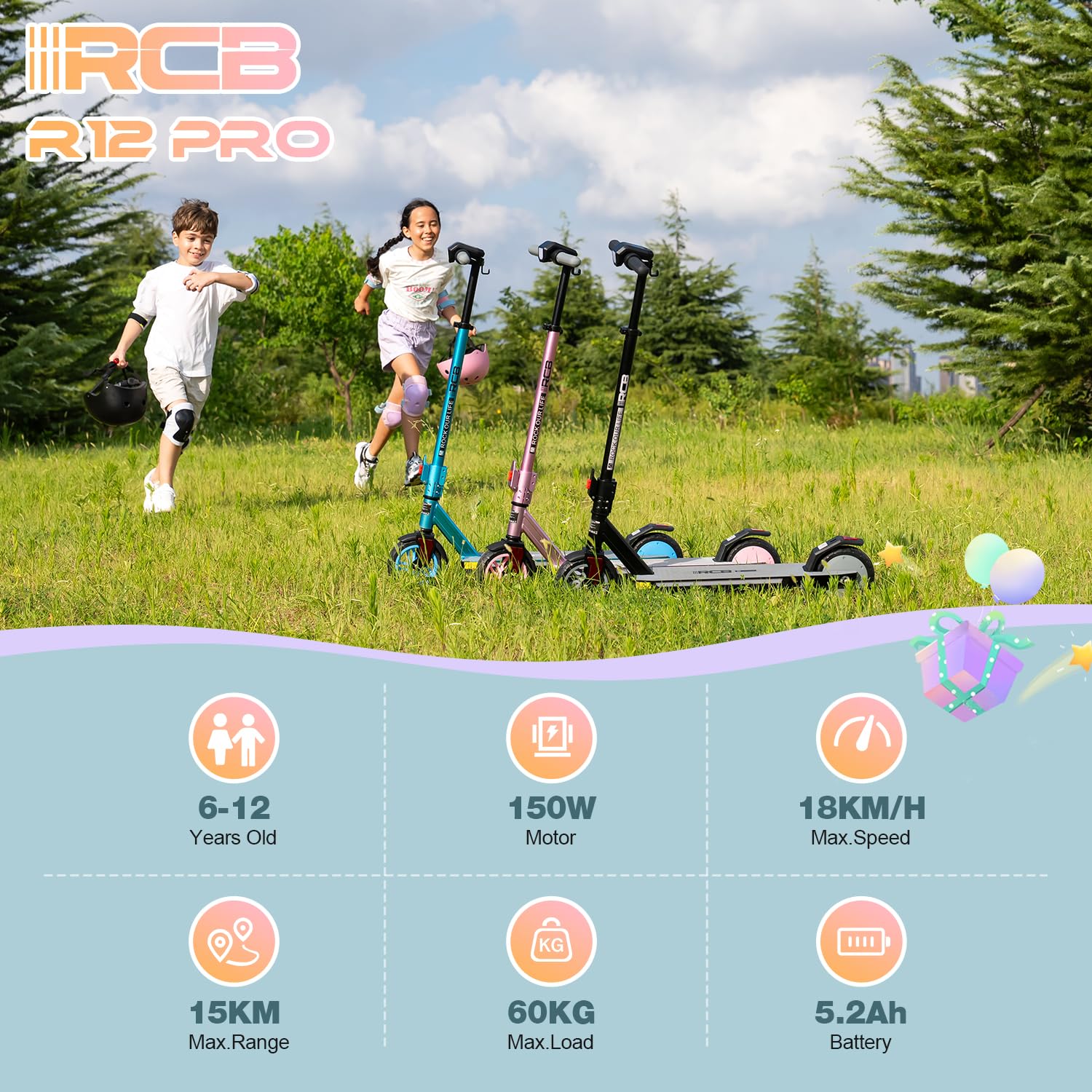 RCB R12 PRO E-Scooter Kinder 6-12 Jahren, bis zu 18km/h &15km, 7 Zoll Faltbar Elektroroller,Höhenanpassung,Bunte Leuchten,LED Display,Doppelte Bremsen, Geschenk für Kinder