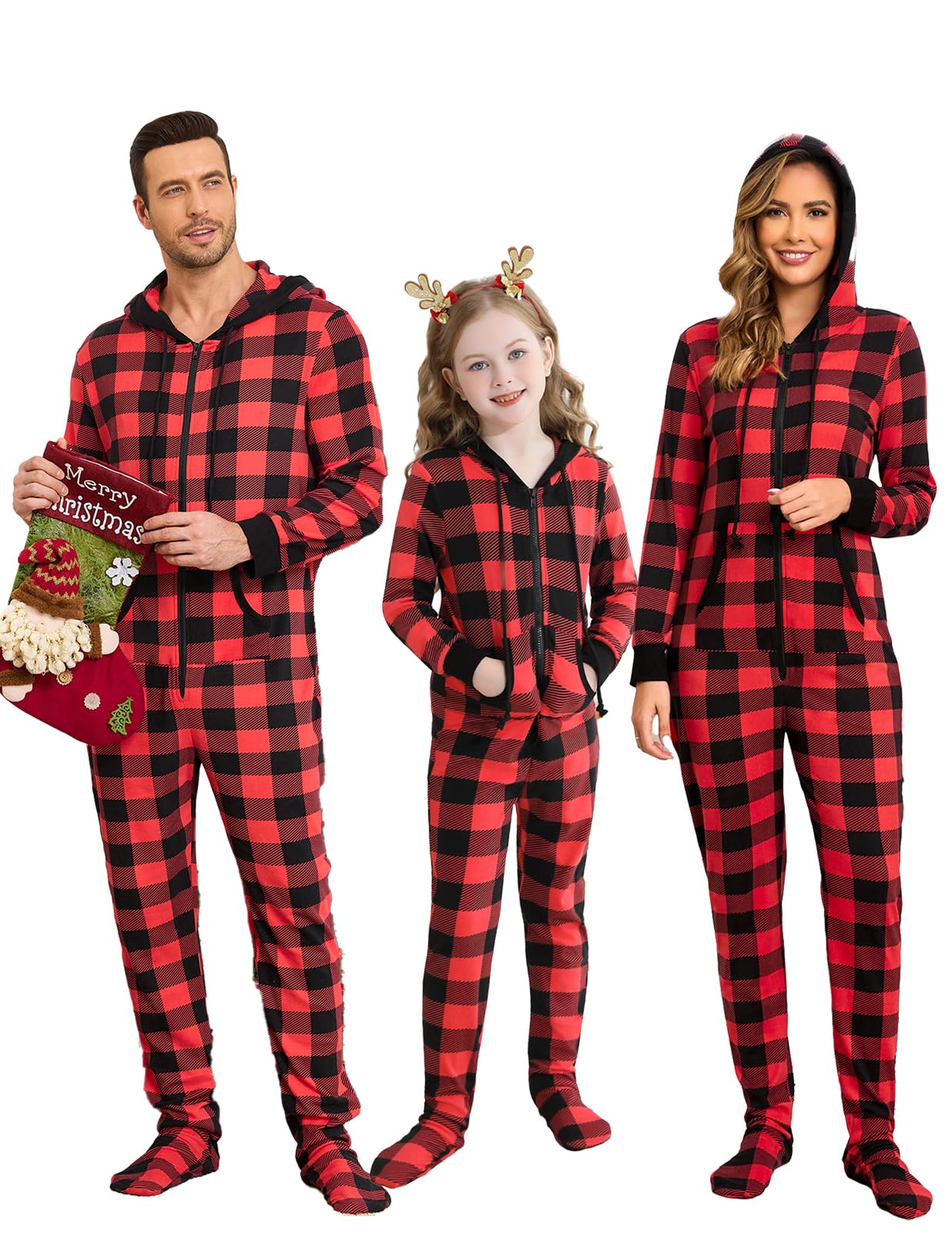 Veseacky Family Christmas Pajamas Matching Sets Adult Onesie Zipper Hooded Footed One-Piece Pjs Jumpsuits