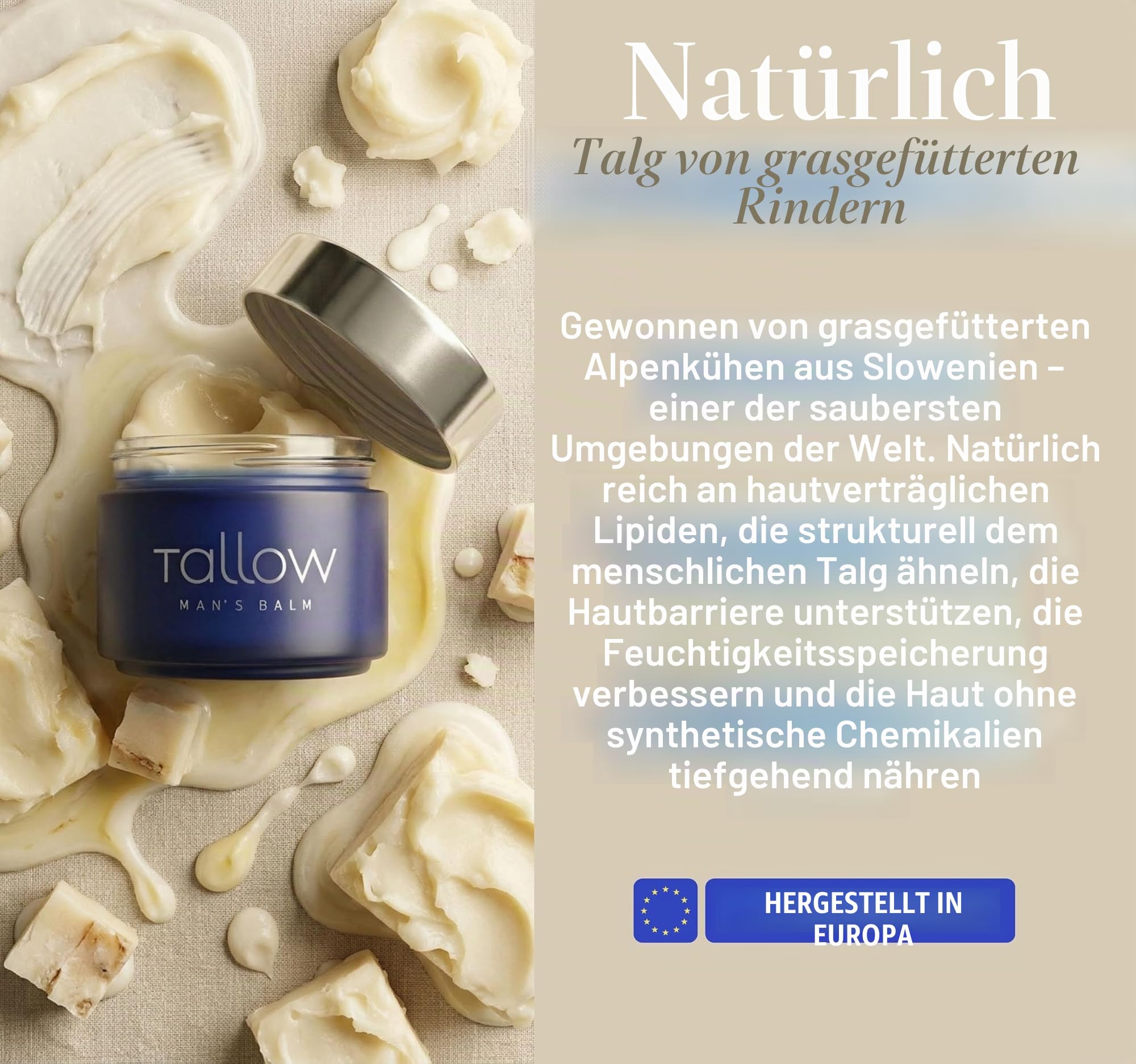 Beef Tallow Balm, Grass-Fed- Rindertalg creme, 100% grasgefütterter, Formel für Männer, Unparfümiert, handgefertigt aus den Julischen Alpen, Bellamanti, 100ml