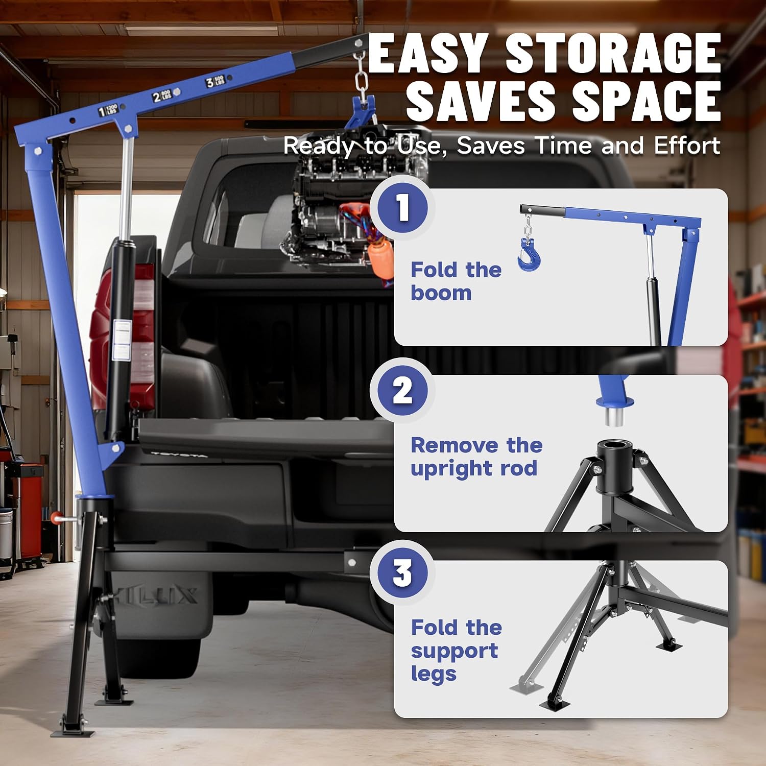 Blue 1200 LBS Hydraulic Truck Crane, 360° Rotatable, with 3 Boom Capacities (500/800/1200 LBS) – Heavy-Duty Truck Lift for Construction, Agriculture, Workshops & Industry