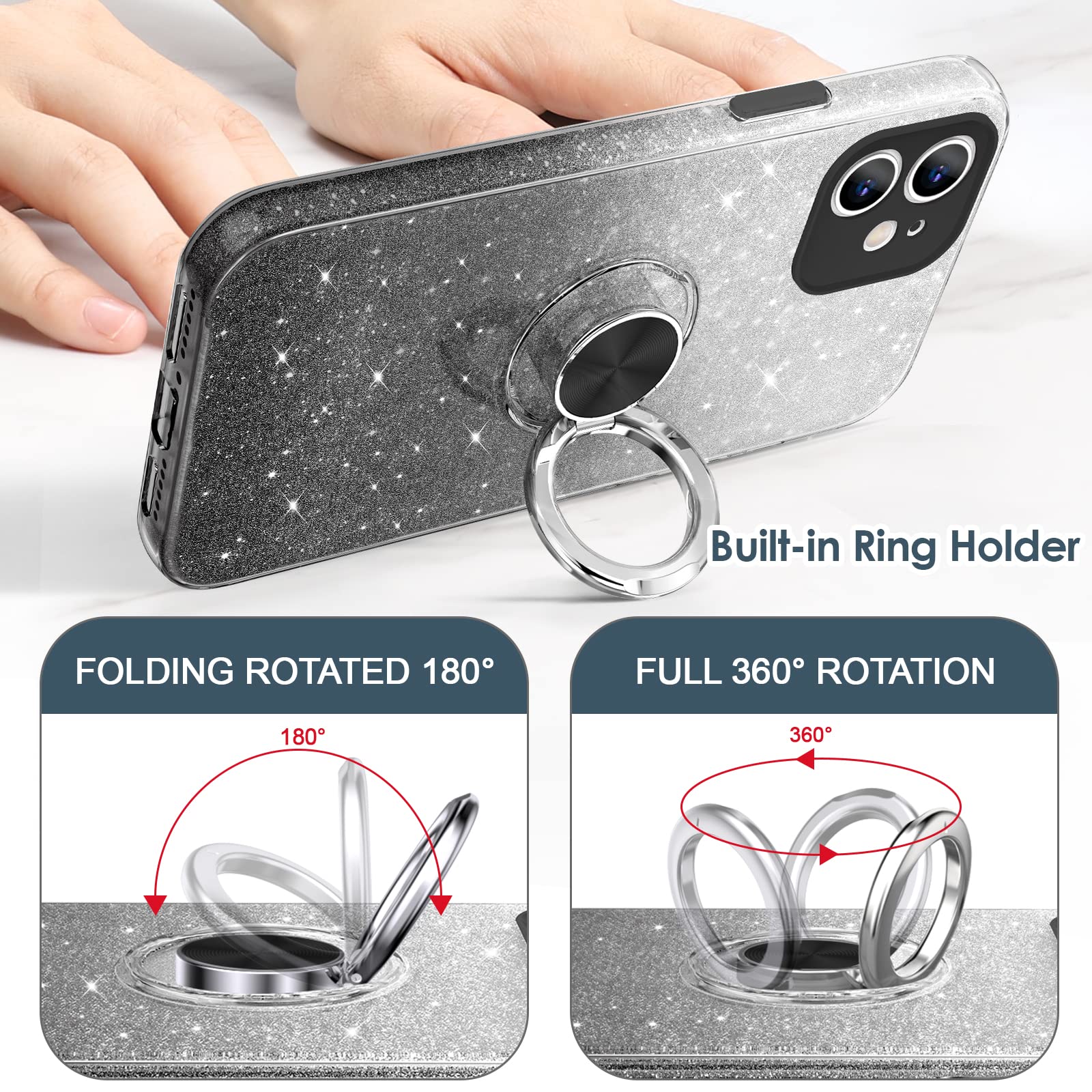 SouliGo For IPhone 11 Case Glitter Bling Sparkle Trendy Girls Women Cover 360° Ring Holder Kickstand Magnetic Car Mount Shockproof Phone Cover Cases For IPhone 11 6.1", Gradient Blue