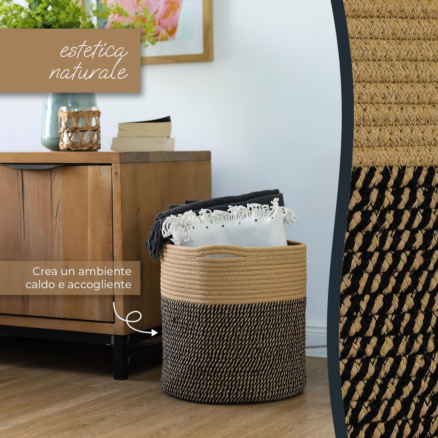 HMF Cesto portaoggetti con manici nascosti, cesto rotondo adatto per Kallax | 31 x 31 cm | Nero-Miele