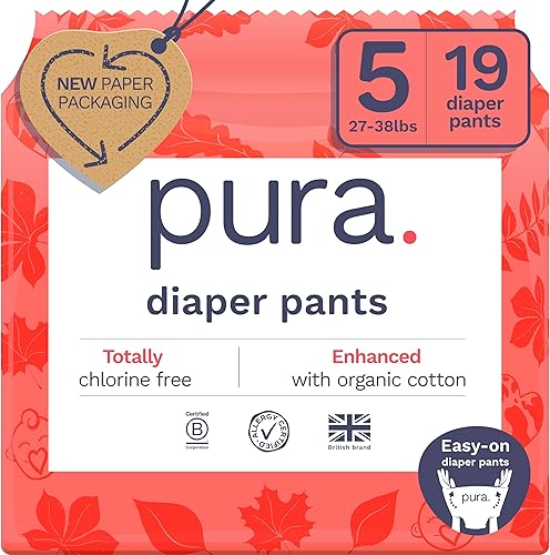 Pura Pantalones de pañal hipoalergénicos talla 5 (27-38 libras) para la noche, hasta 12 horas de protección contra fugas, adecuados para piel