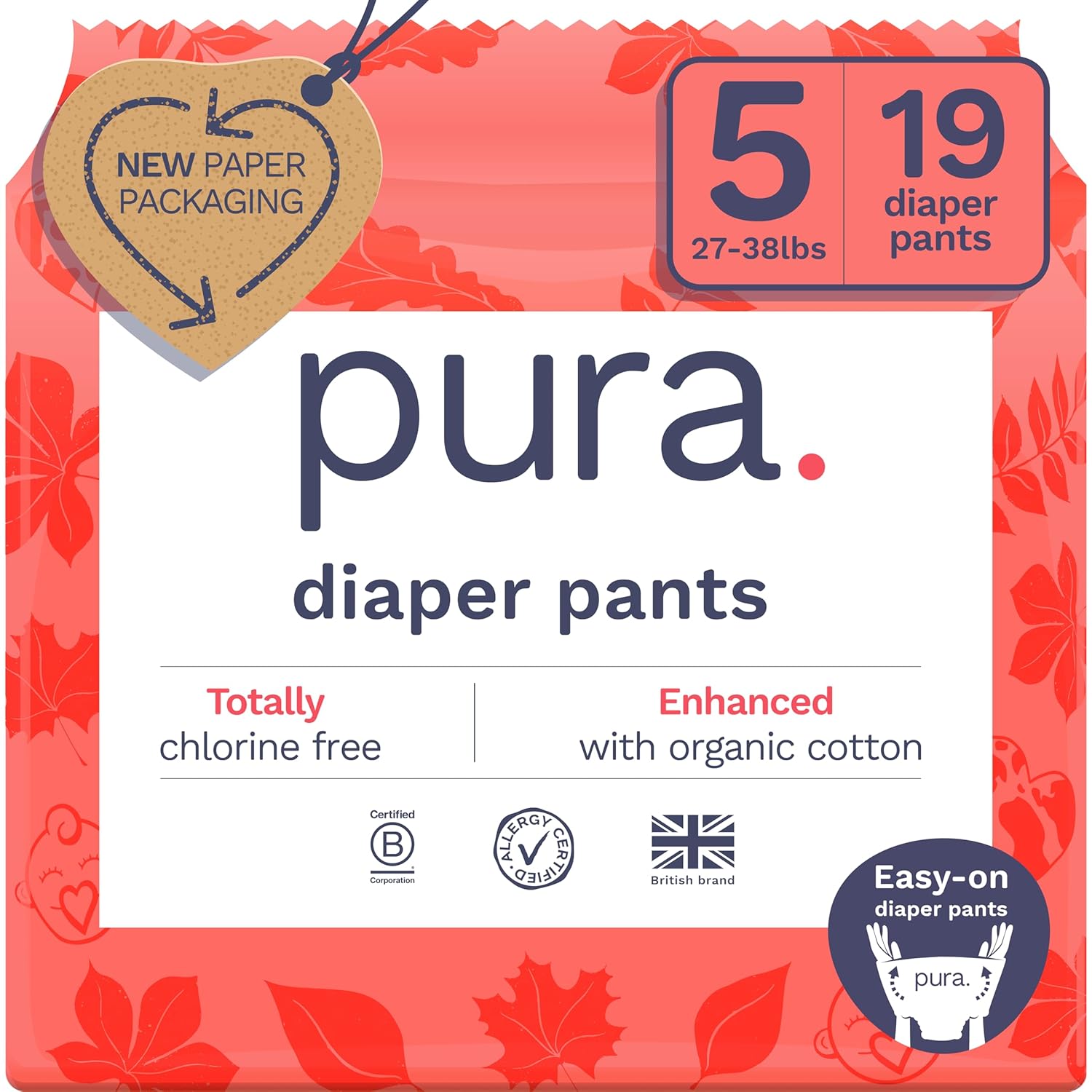 Pura Hypoallergenic Diaper Pants Size 5 (27-38 lbs) Overnight, up to 12 Hours Leak Protection, Suitable for Sensitive Skin, Totally Chlorine Free, Soft Organic Cotton, 1 Pack of 19 Pull Up Pants