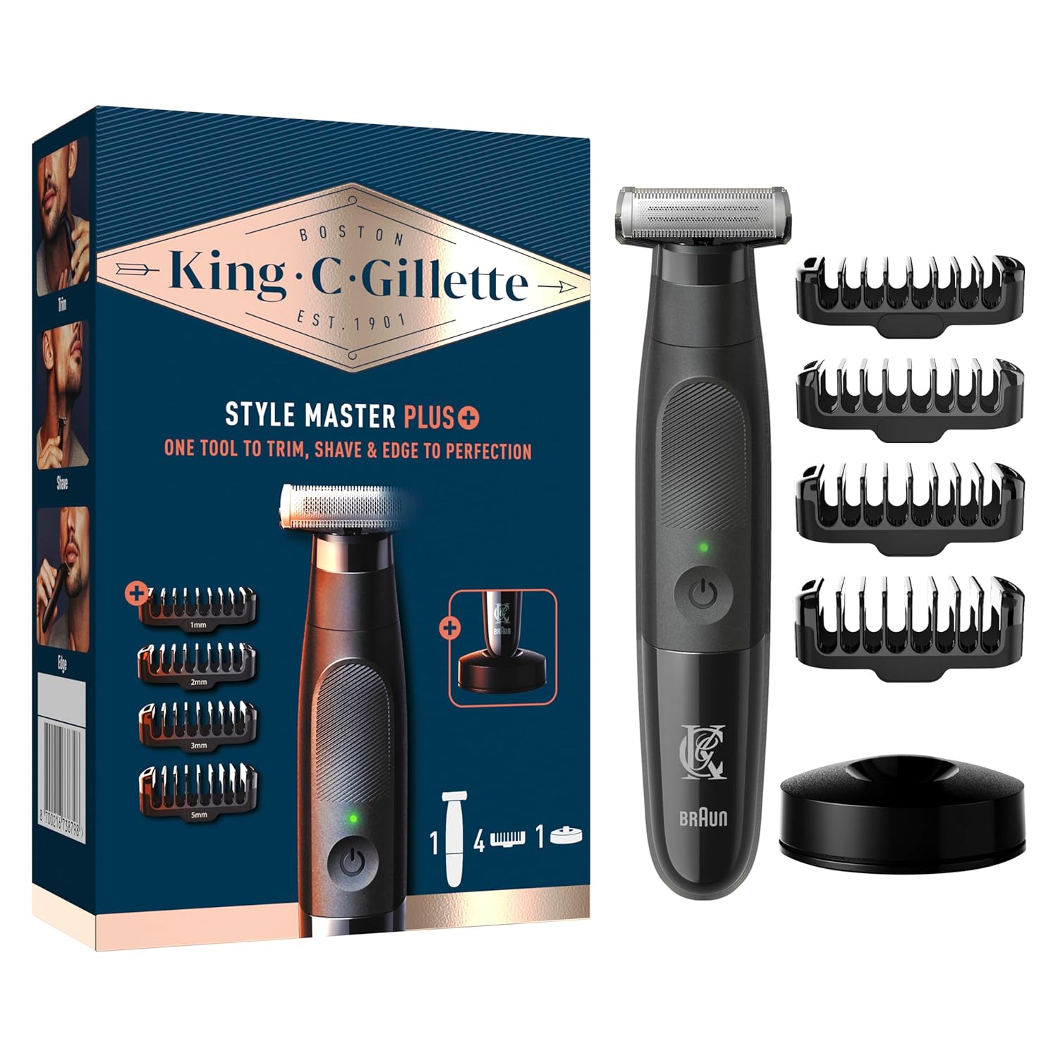 Product image of King C. Gillette Style Master Barttrimmer für Männer mit CenterCut Technologie, Trimmen, Rasieren und Optimal Kanten Schneiden, Wasserdicht, Kabelloser Bartrasierer mit 4 Kammaufsätzen und Ladestation