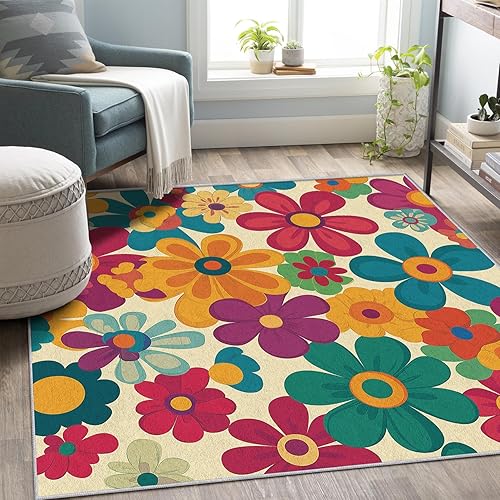Miniatura 3 de Alfombra retro floral de 2 x 3 pulgadas, lavable de los años 60 y 70, alfombras hippie para entrada, dormitorio, cocina, alfombra de área de flores