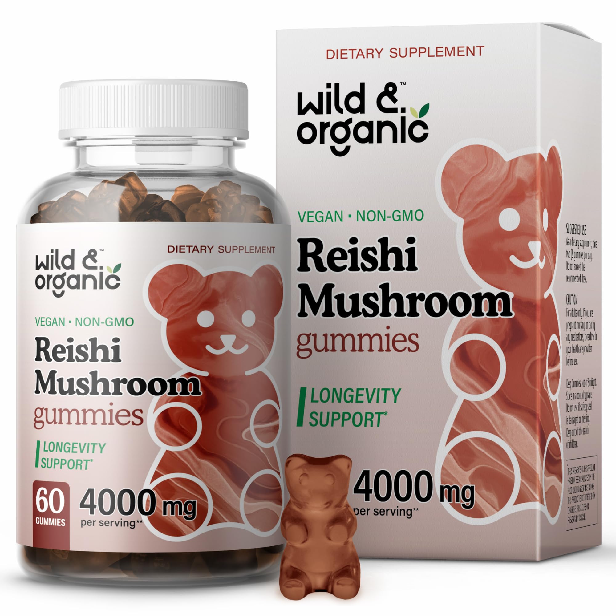Wild & Organic Reishi Mushroom Gummies 1000 mg- 4:1 Ganoderma Lucidum Extract - Natural Herbal Supplement for Immune Support - 60 Chewables - Vegan, Non-GMO