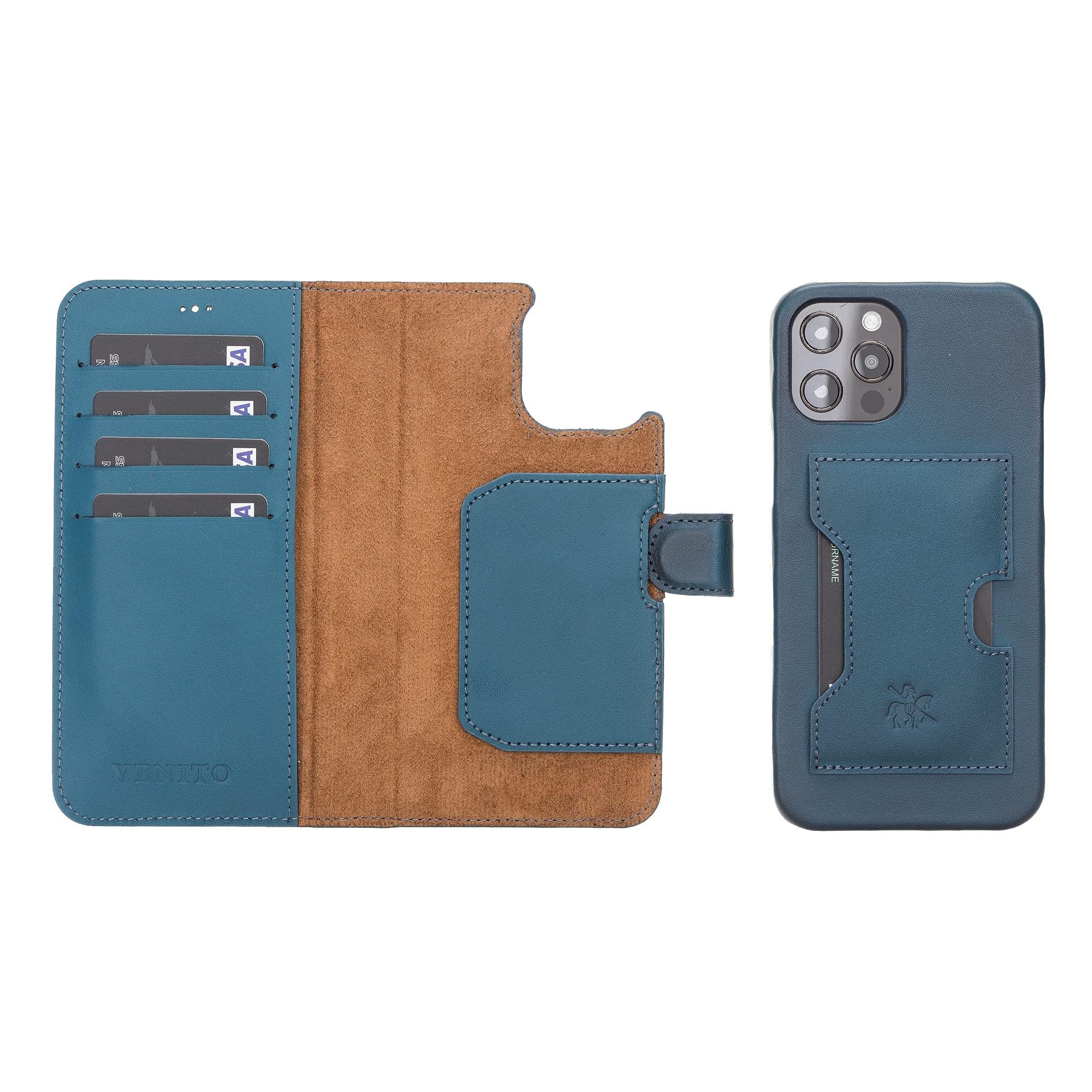 Venito Florence Leather Wallet Phone Case Compatible with iPhone 12 Pro Max (6.7 inch) - Extra Secure with RFID Blocking - Detachable Phone Wallet- Pacific Blue