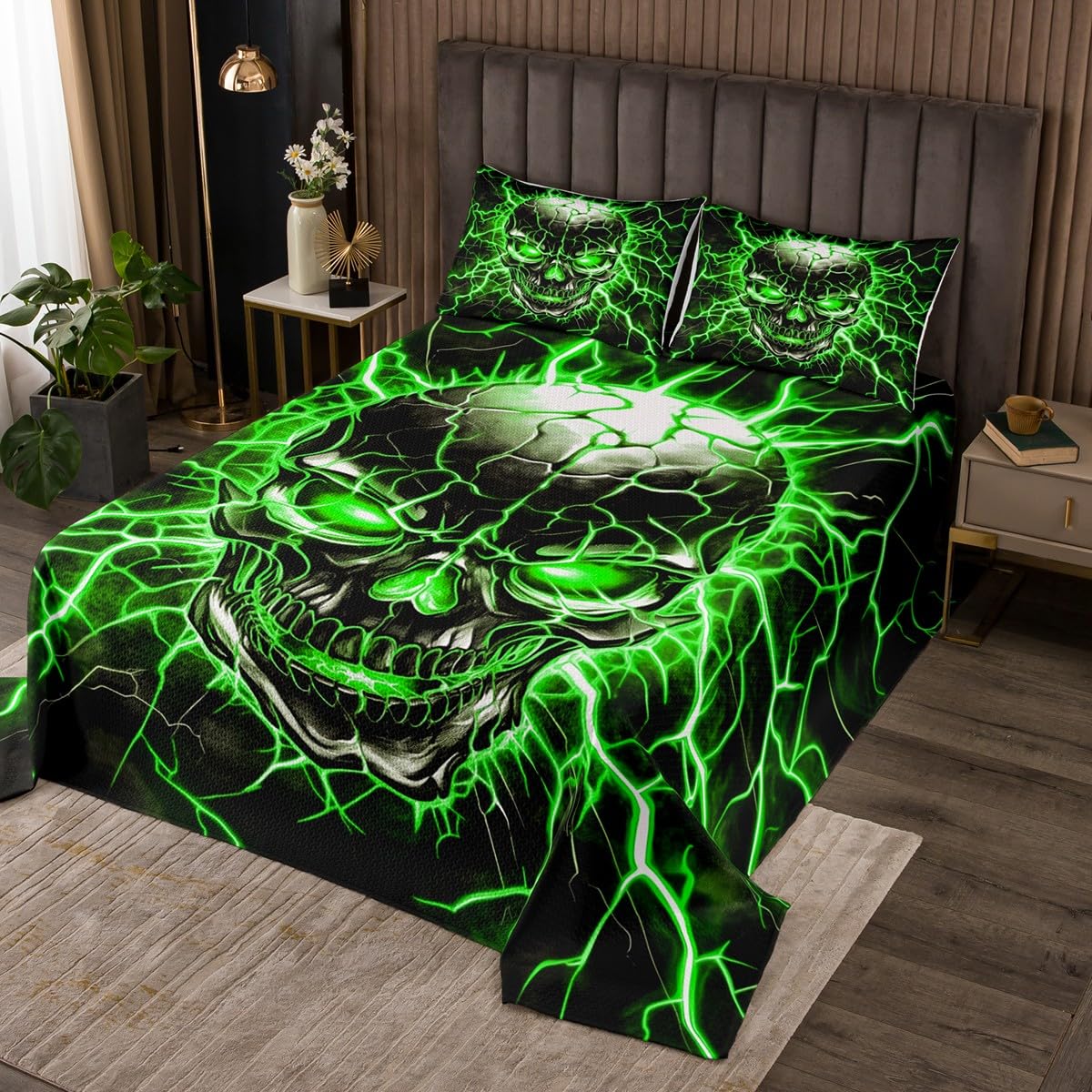 Manfei Green Lightning Skeleton Bedspread Queen Size Bedding for Teens Living Room Gothic Skulls Decor Coverlet Set Happy Halloween Theme Quilt Set for All Season,3 Pcs with 2 Pillowcases