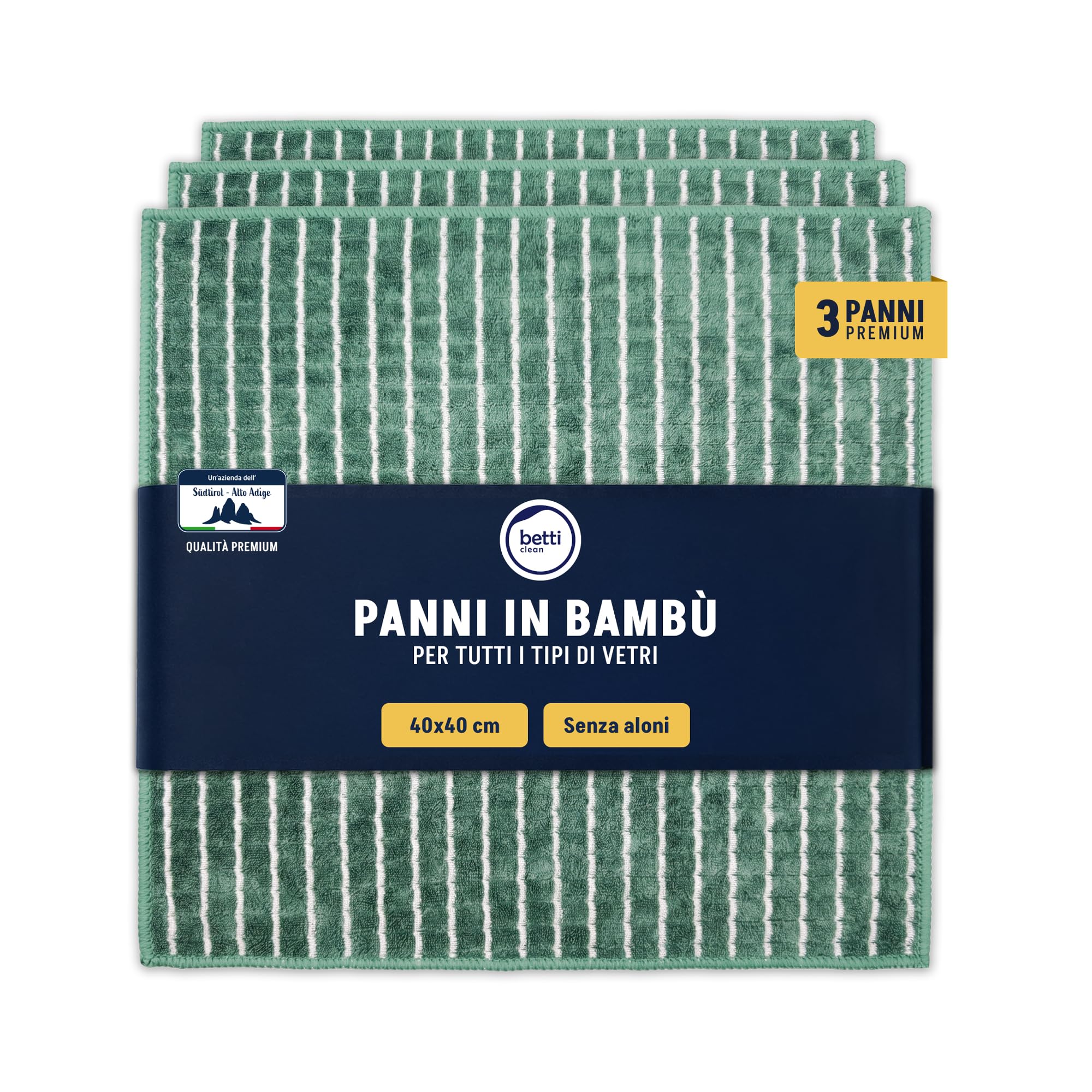 Betti Clean Panni Microfibra con Fibra di Bambù BAMBOOM Power – Set 3 Panni 40x40cm – Panno Magico Vetri Senza Aloni e Cucina – Microfibra Panni Pulizia Casa Assorbenti ed Eco-Friendly (-26% Plastica)