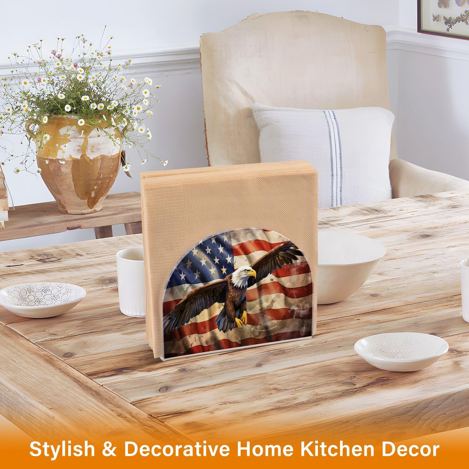 Servilletero de papel acrílico con diseño de bandera americana para mesa, cocina, decoración de mesa, comedor, interior, exterior, fiesta, vacaciones, accesorios