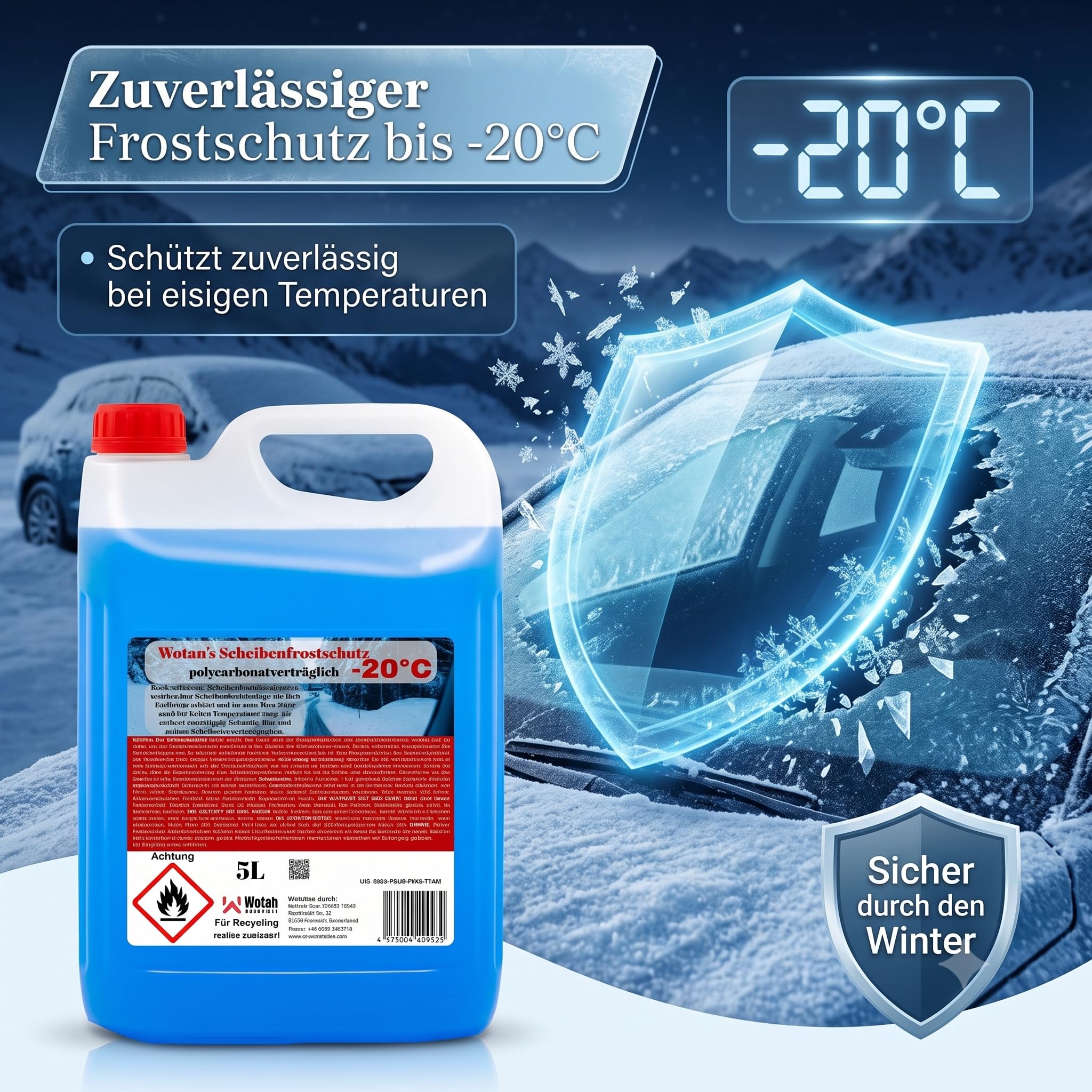 Wotan's 30 Liter Scheibenfrostschutz - 20 Grad | Frostschutz für die Auto Scheibenwaschanlage | Scheibenfrostschutz Konzentrat 30L (6 x 5L) | Frostschutzmittel Scheibenwaschanlage