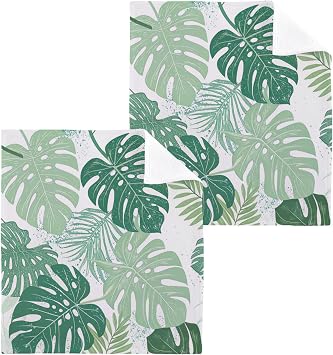 Burbuja Green Palm Leaves Cotton Washcloths Set of 2, Highly Soft & Absorbent Fingertip Towels for Bathroom Spa Gym Kitchen, 12 x 12 in