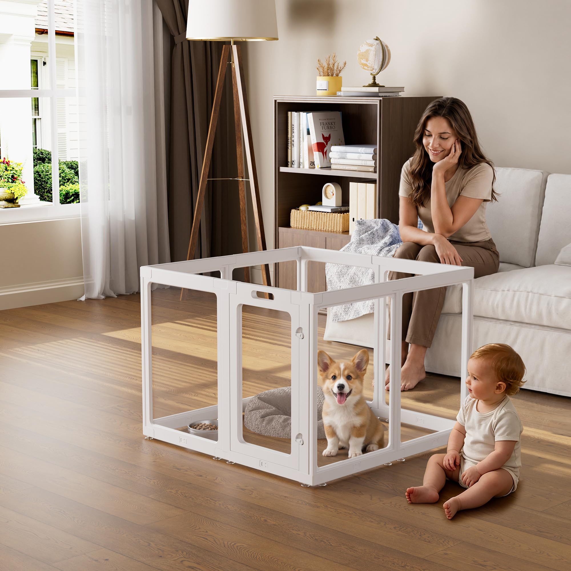 Clear Acrylic Dog Playpen Indoor Pet Pen, 30" H, White, 8 Panels