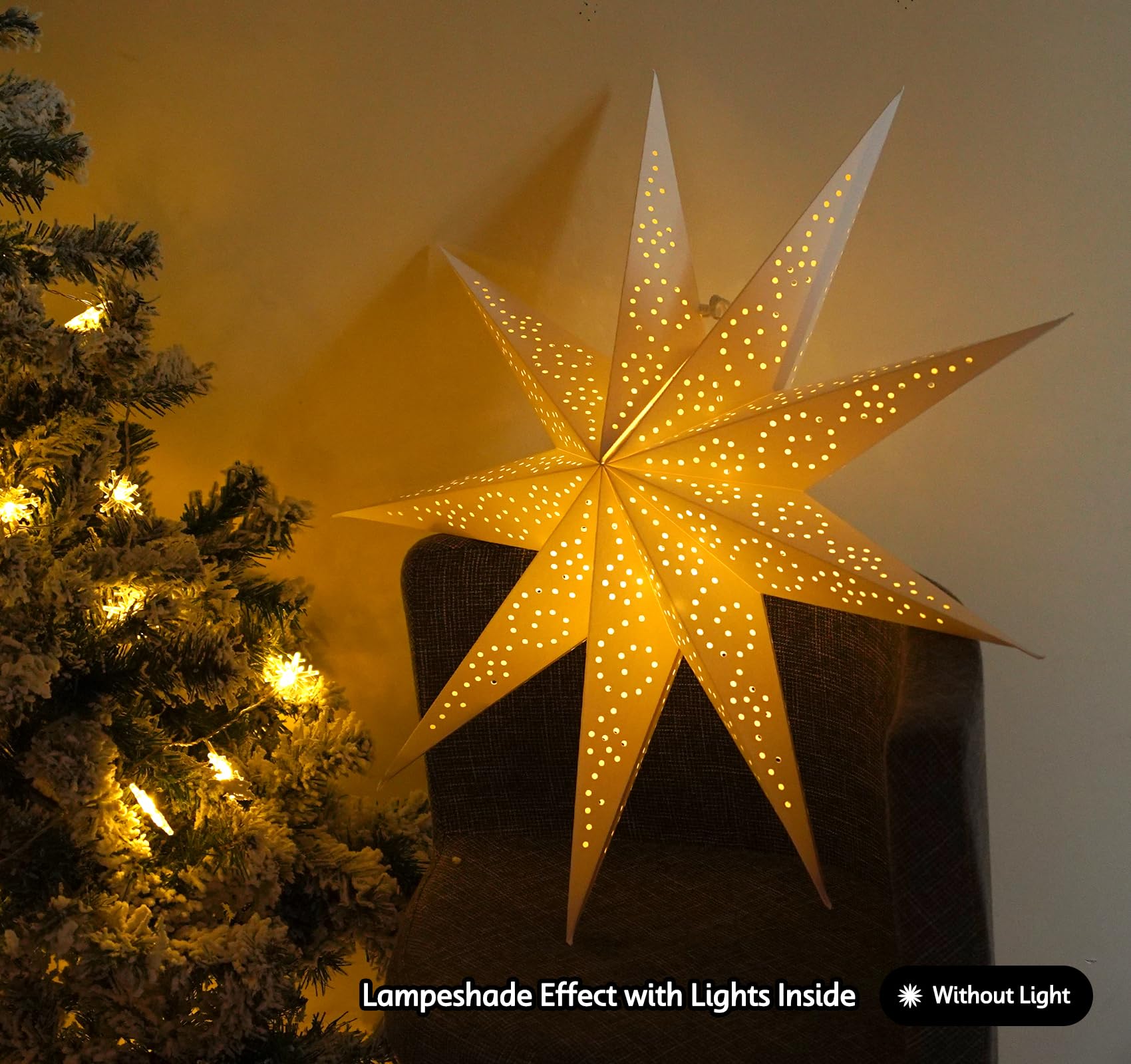 HOUISM Lanterne Di Carta A Forma Di Stella Di Natale - Set Da 3 Con Luci LED A Batteria - Decorazioni Finemente Ritagliate Per Interni Ed Esterni - 3