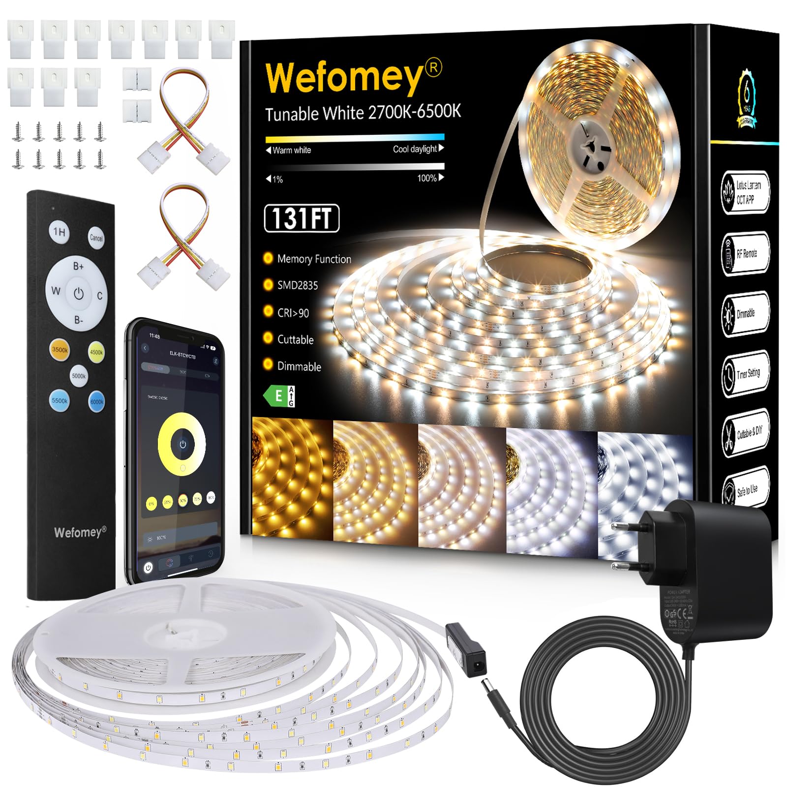 LED Strip 40M Set Dimmbar, APP Steuerung, Warmweiß bis Kaltweiß LED Streifen 24V Selbstklebend mit Netzteil Fernbedienung, Flexibel DIY LED Band 2700K-6500K, led Lichtband für Innen Küche Zimmer Deko