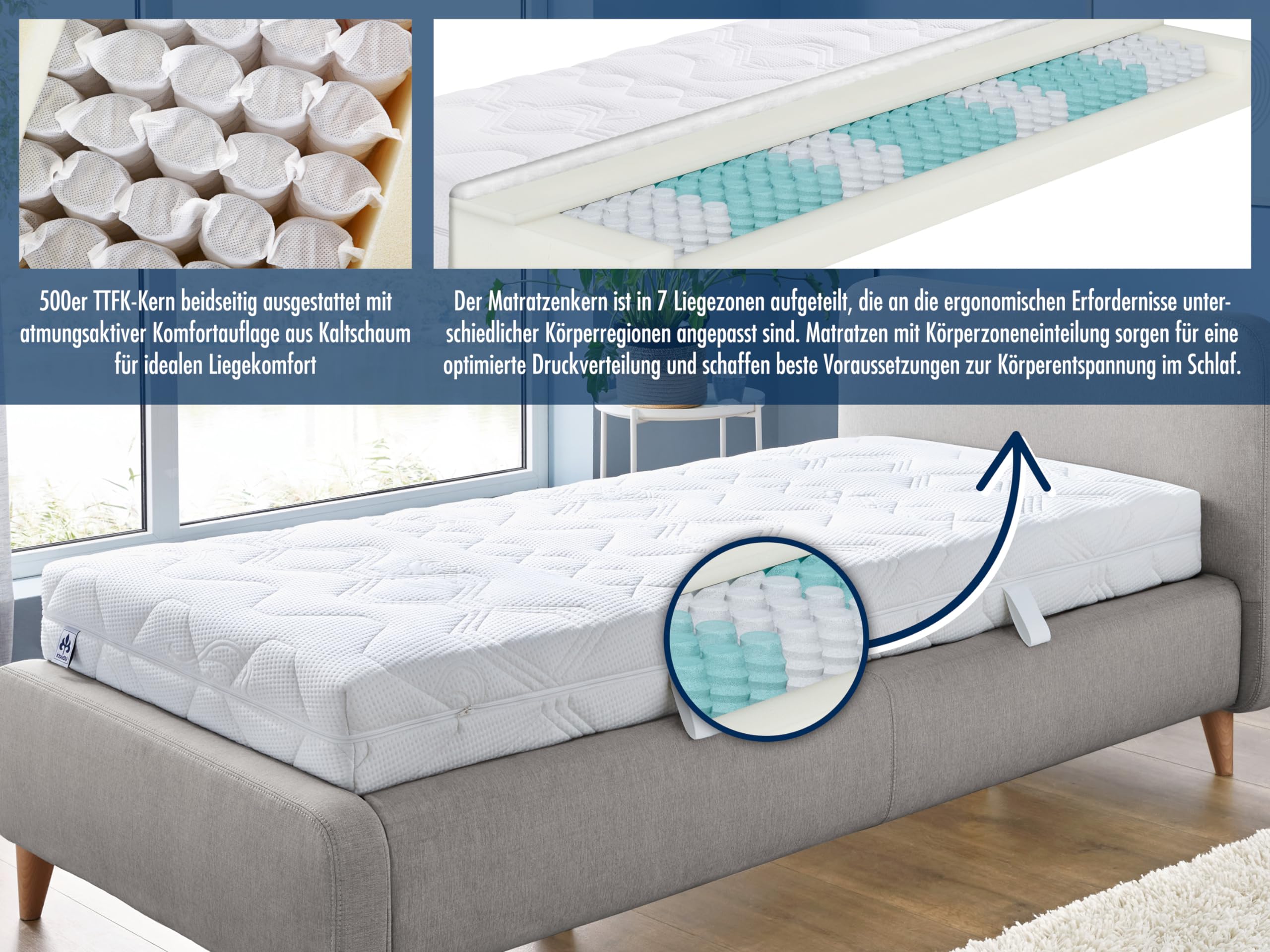Irisette Lotus Orthopädische 7-Zonen 500er Tonnentaschenfederkernmatratze 100 x 200 cm | Härtegrad H3 mittelfest | OEKO-TEX STANDARD 100 | Deutscher Qualitätsstandard