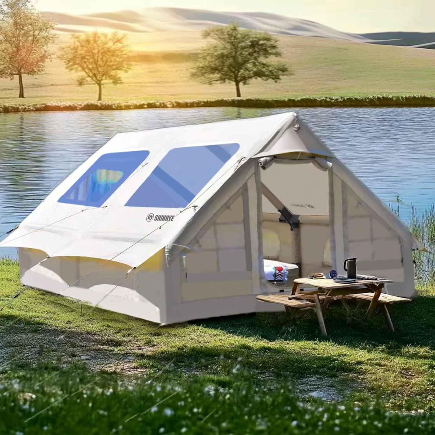 Inflatable Tent for Camping Large Blow Up Tent Glamping Tent 4-8 Person House, Easy Set up Waterproof Outdoor Oxford Tents, 4 Season Air Tents with Pump