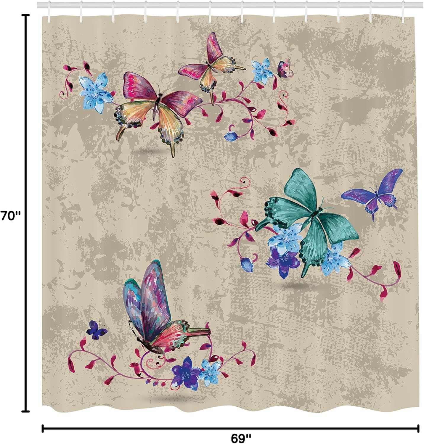 Ambesonne Butterfly Shower Curtain, Springtime Flying Moths on Vintage Style Background Wings Transformation, Cloth Fabric Bathroom Decor Set with Hooks, 69" W x 70" L, Ecru Violet
