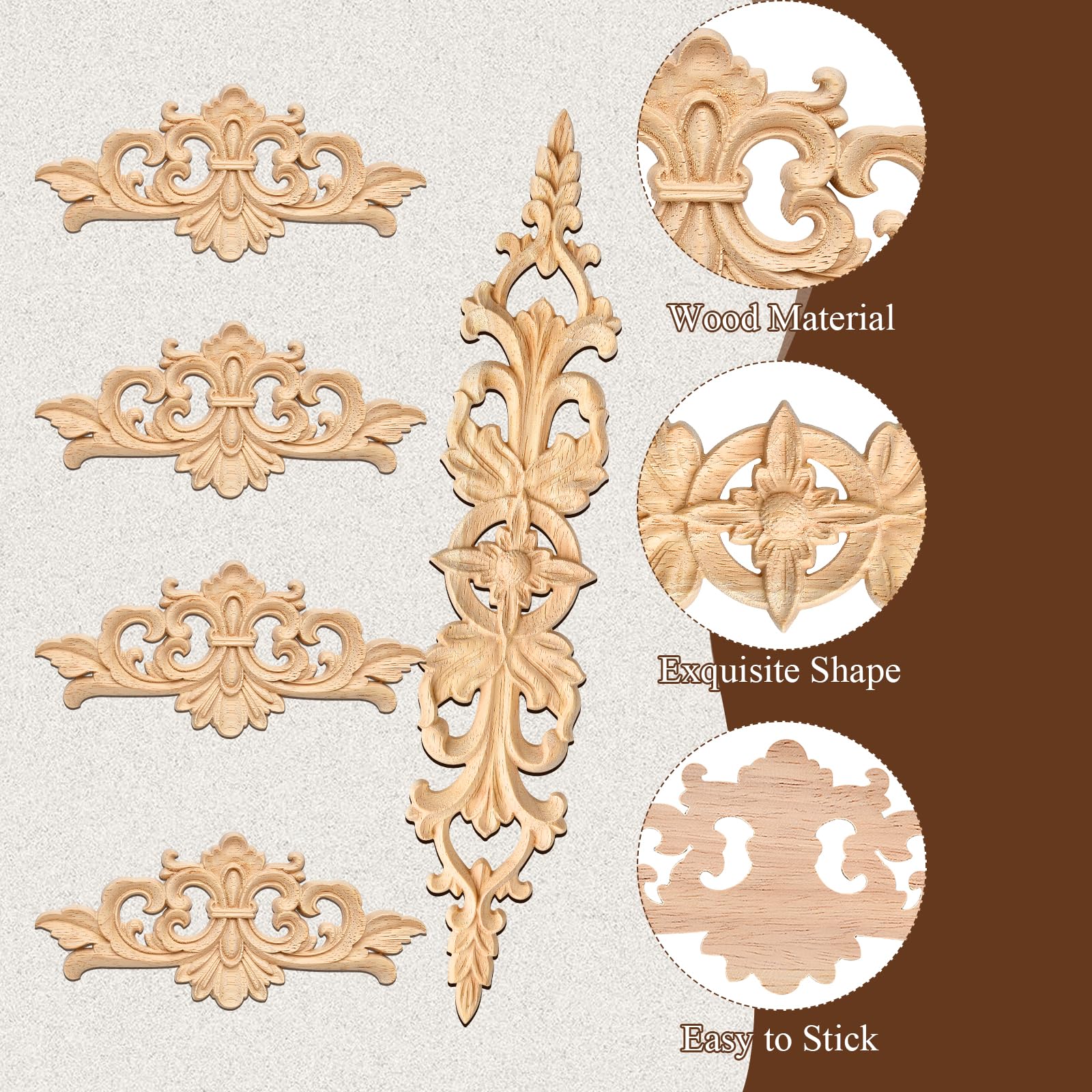 Supkiir 16Pcs Wood Appliques, Carved Unpainted DIY Decorative Wooden Applique Trim Decal Wood Embellishments for Furniture Cabinet Dresser Bed Wall 2 Sizes