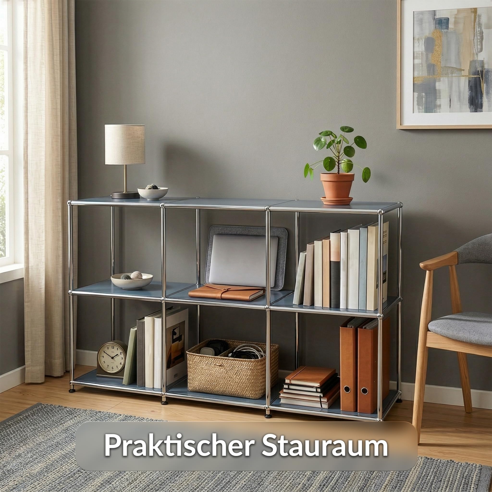 KARAT Regal - Grau 116x40x82cm - 3 Ablagen Metallregal - Sideboard & Lowboard - Offenes Bücherregal - Würfelregal - Concept Epure MK-018