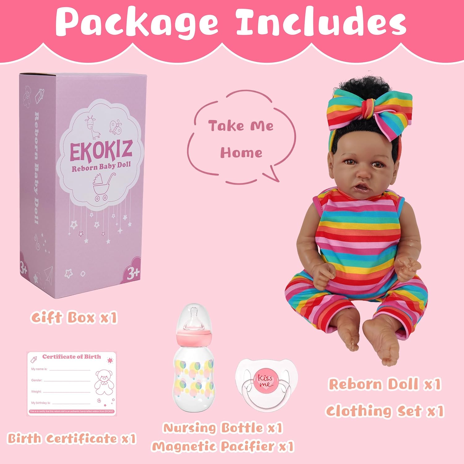 EKOKIZ Real Life Baby Dolls 20-Inch Reborn Baby Dolls with Hair Soft Cloth Body Baby African American Realistic Baby Doll That Look Real Fake Baby Doll with Toy for Kids Age 3+