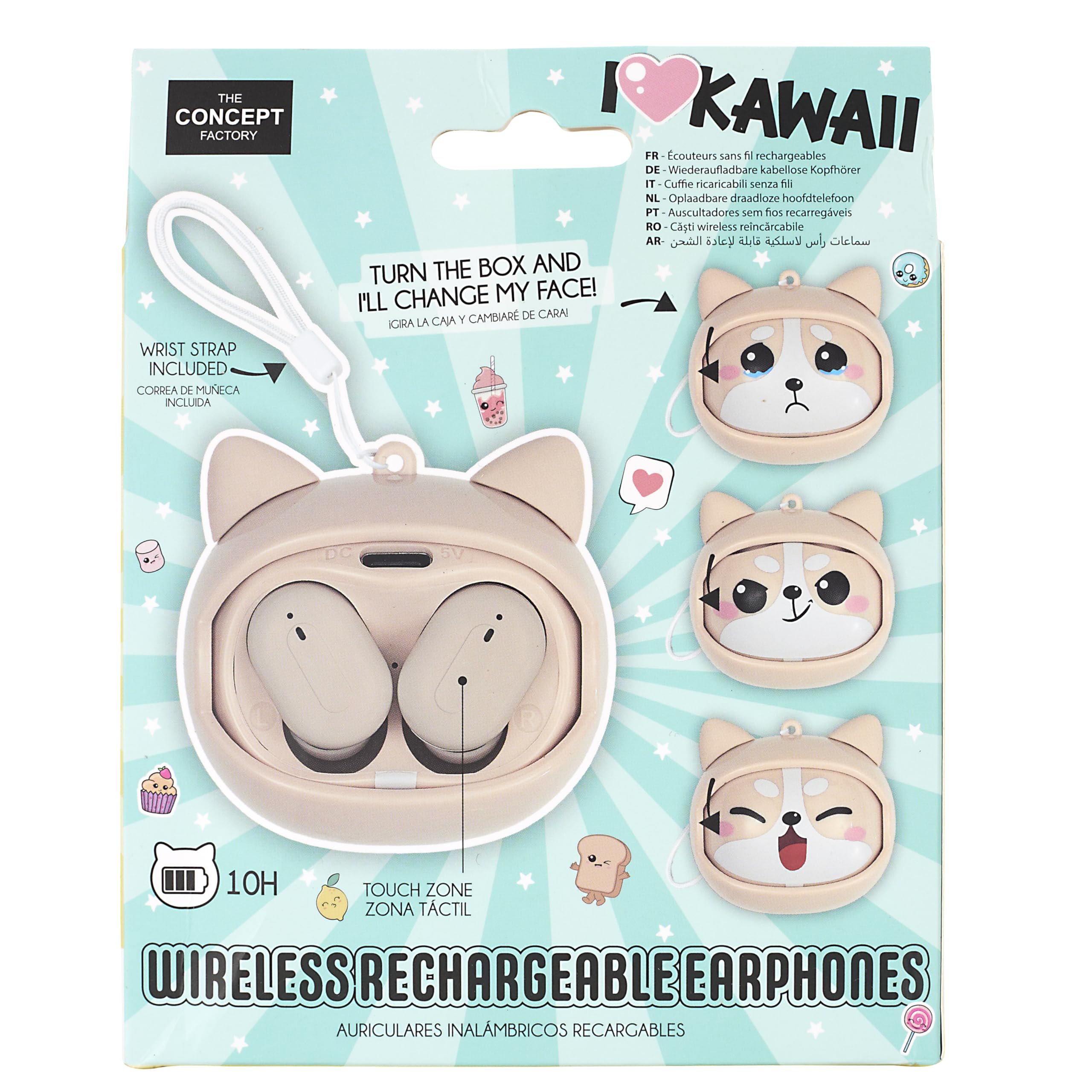 THE CONCEPT FACTORY - HT0153 Écouteurs sans Fil Multiface Kawaii - Design Original, Sonorité Optimale, Confort Ergonomique, Autonomie Étendue, Connectivité Bluetooth | Écouteurs sans fil kawaii, design original, sonorité optimale, confort, beige