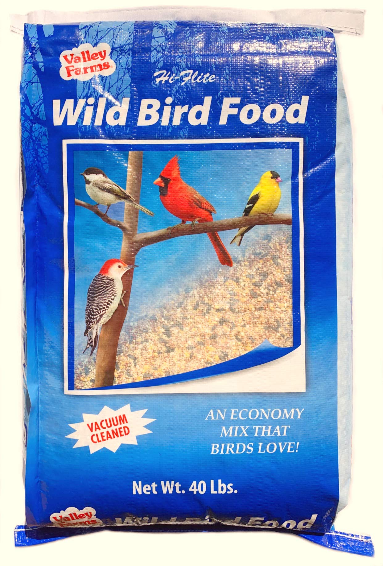 Valley Farms Hi-Flite Wild Bird Food for Outside feeders, Bird Seed with Millet, Crack Corn, and Black Oil Sunflower Seeds Birds, Economy Bird Seed for Outside Feeders, Birdseed (40 LBS)