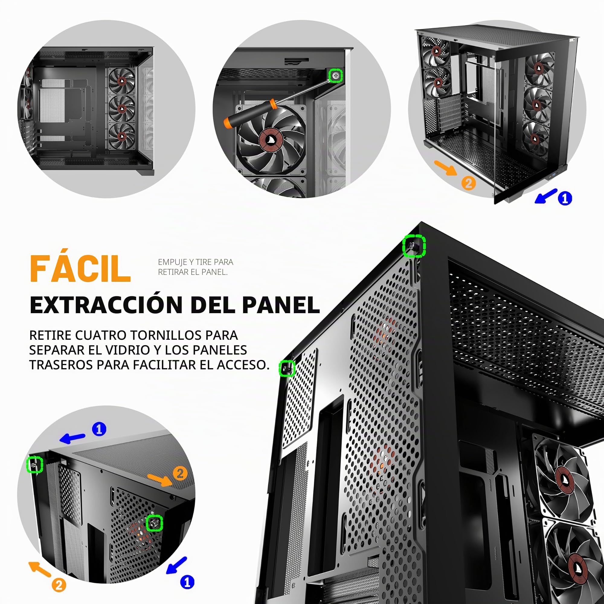 KEDIERS - Caja de ordenador con 5 ventiladores preinstalados, caja de juego ATX Mid Tower - Caja de ordenador con parte lateral abierta de cristal templado negro