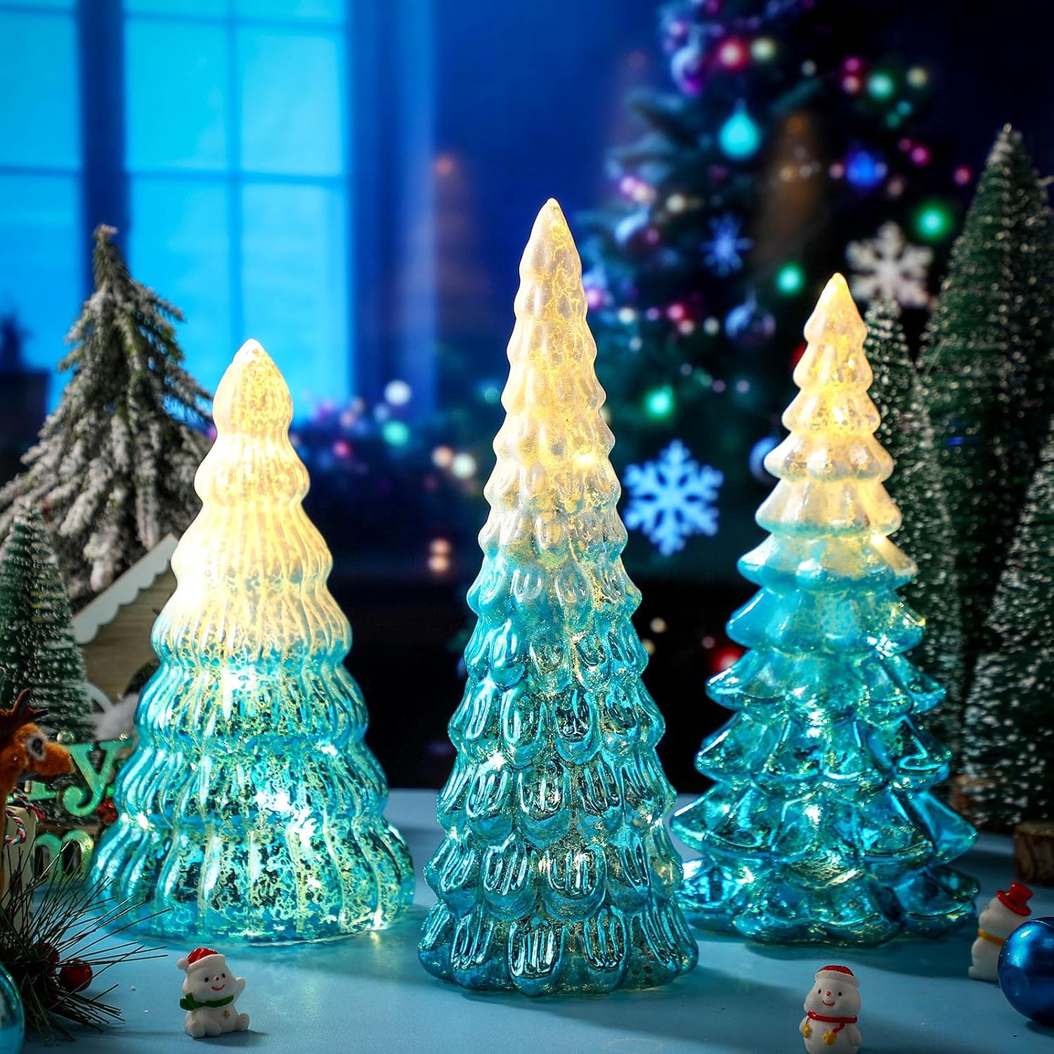 Funnymoom 3 Pack Glass Christmas Trees Decorations Gradient Lighted Christmas Tree 11.4 Inch Snow Top Glitter Xmas Winter Tabletop Centerpieces Gift for Home Fireplace Table Mantle Holiday(Blue)