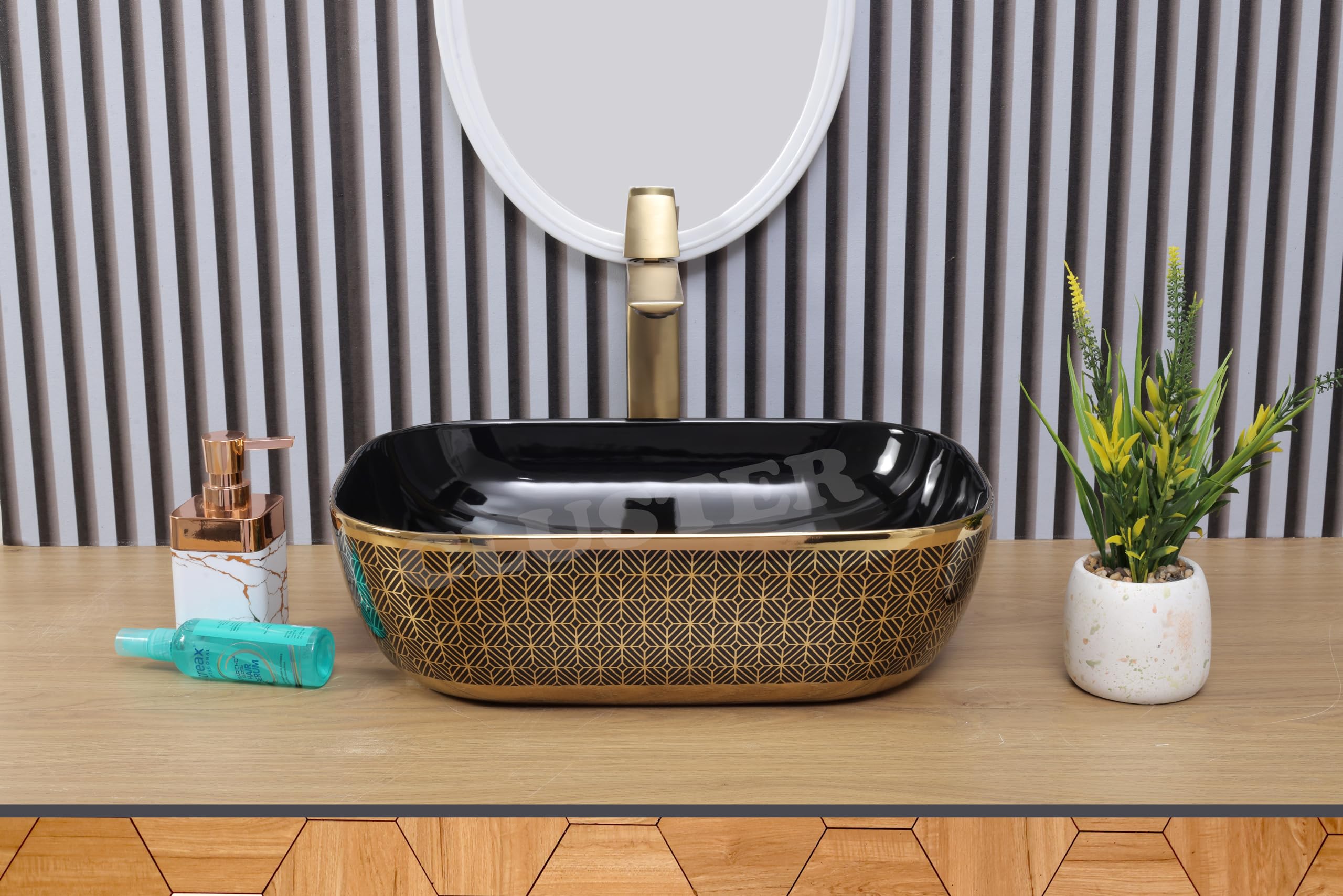 Elegant White Ceramic Washbasin - Golden Edge -5 Elegant White Ceramic Washbasin - Golden Edge -5