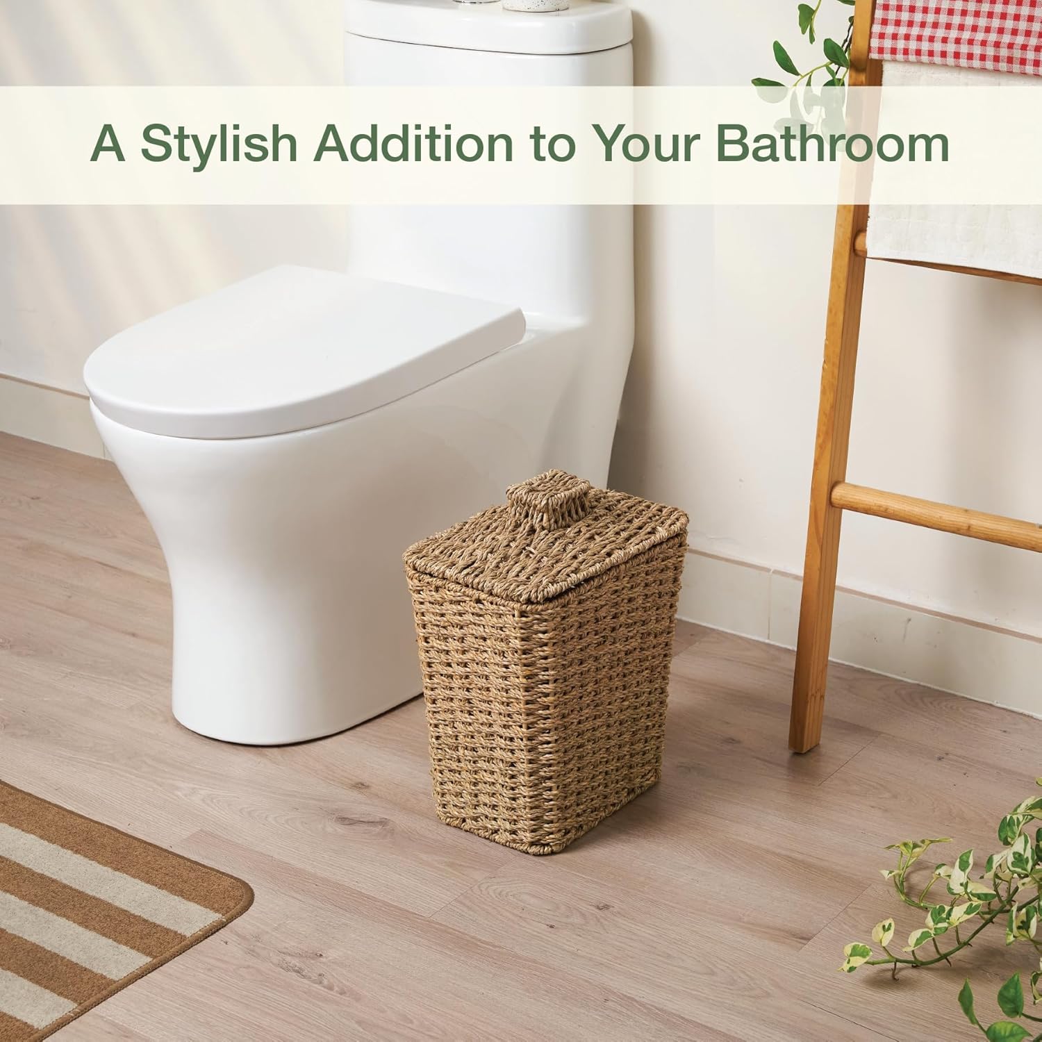 Wicker Trash Can with Lid and Liner - Rattan Trash Can for Bathroom - Decorative Wicker Waste Basket for Bedroom, Kitchen and Office (Natural Seagrass)