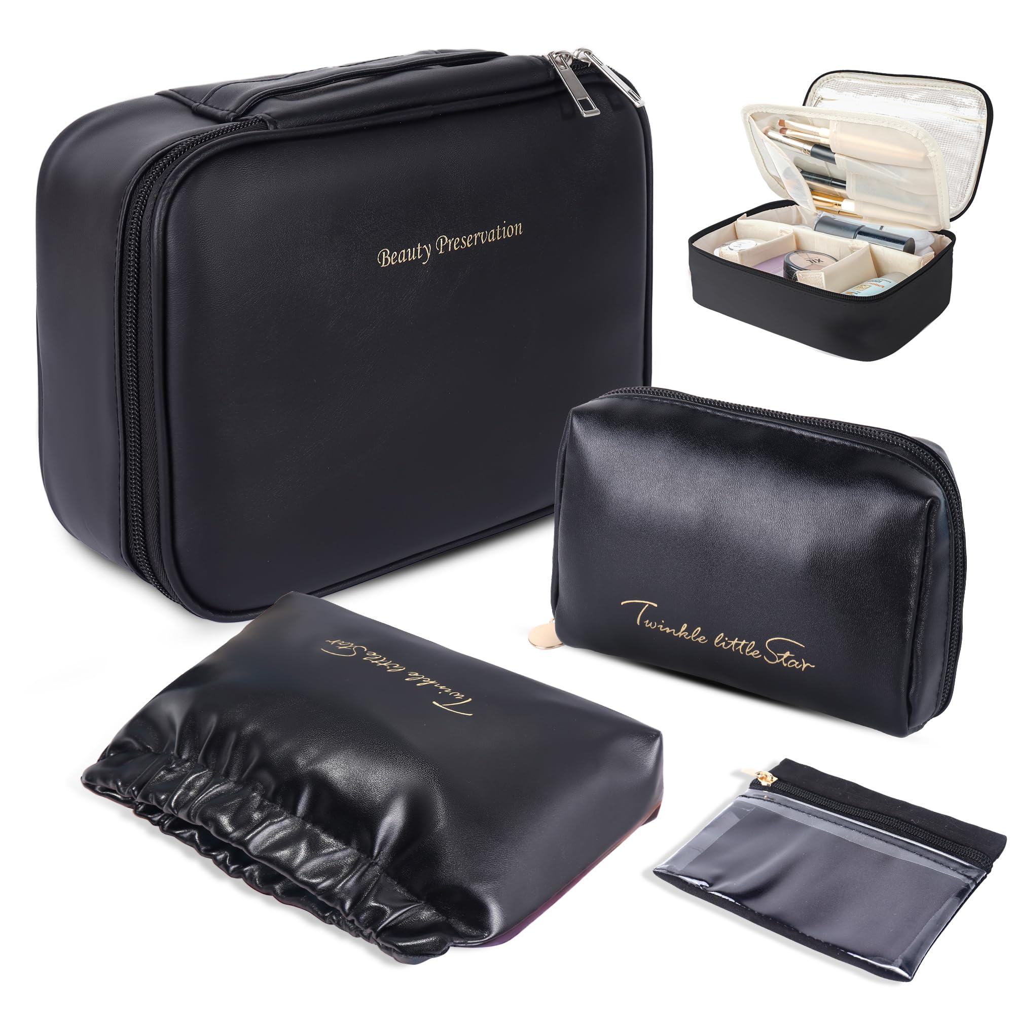 Juego de 4 bolsas de maquillaje de viaje, bolsa organizadora de cosméticos de piel sintética con bolsa de joyería, bolsa de cosméticos grande con divisor y asa, bolsa de aseo portátil impermeable de